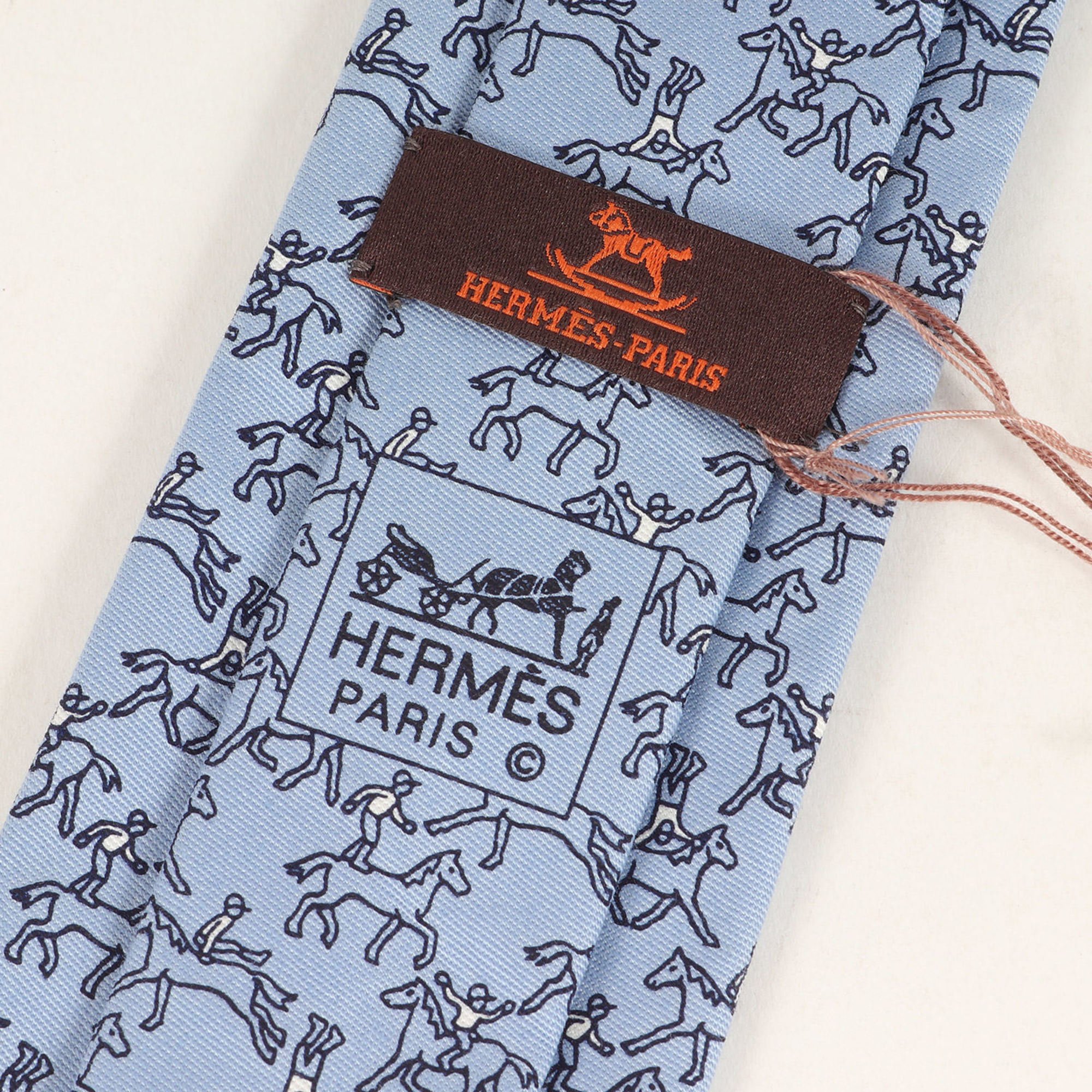 HERMES Horseback Riding Pattern Cotton Necktie Recent Model Light Blue Made in France Formal Business Office Casual
