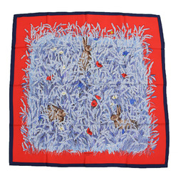 HERMES Muffler/Scarf Large Red Navy Square Print Silk Carre90 Lapins Dans un Champ de bl Wheat Field and Rabbit VINTAGE Vintage