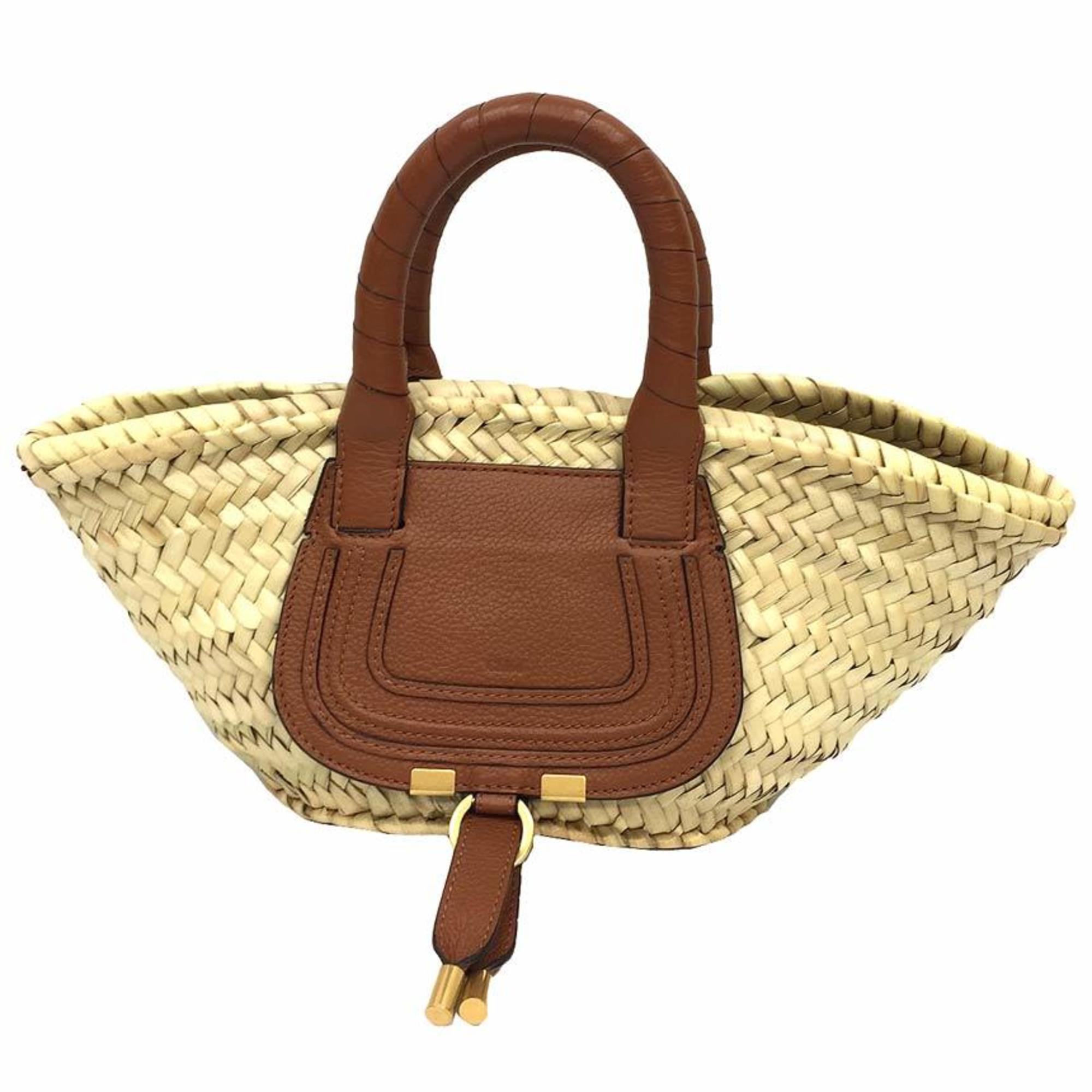 Chloé Chloe MARCIE Handbraid Raffia Grain Calf Leather Basket Tan Brown Bag aq7444