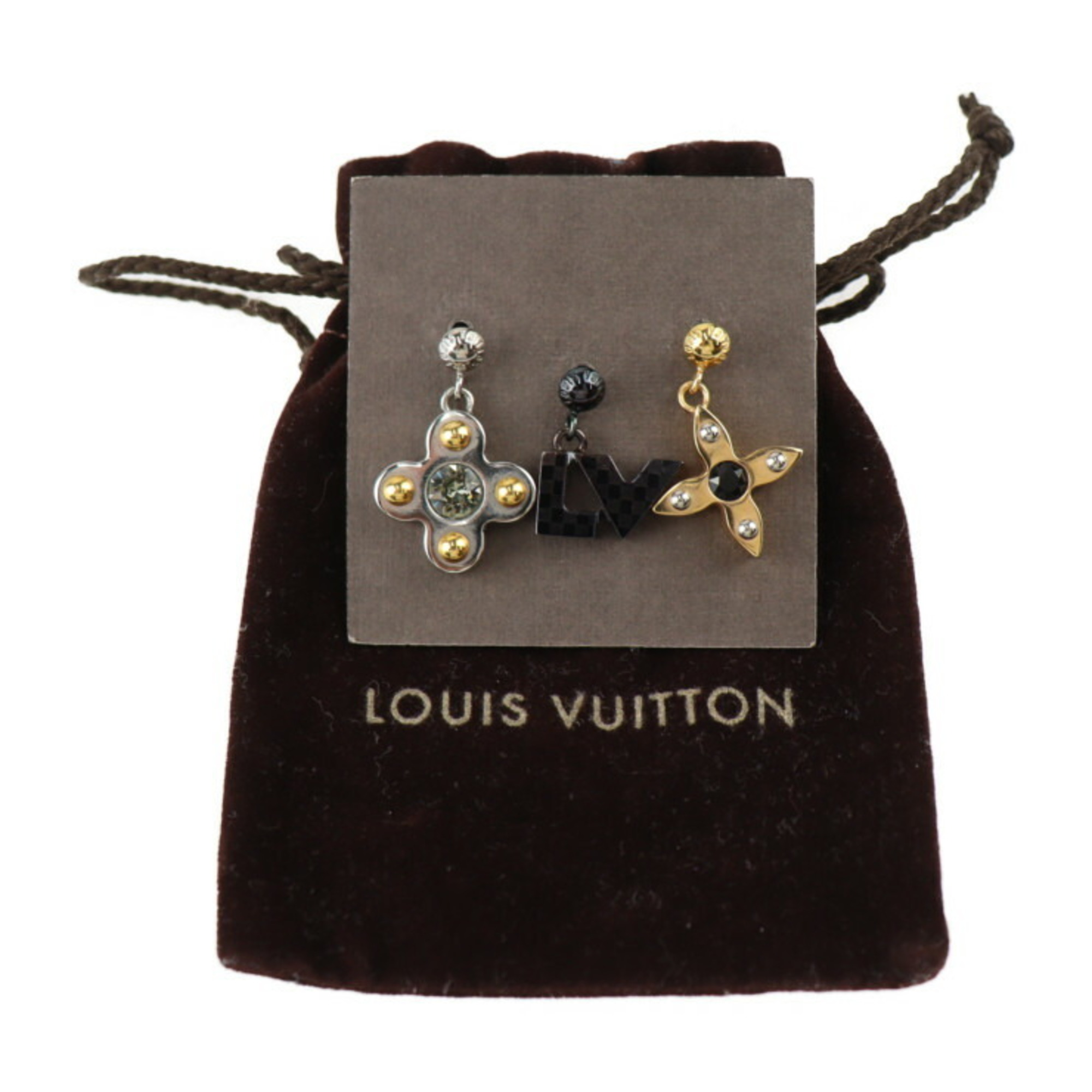 LOUIS VUITTON Louis Vuitton Bookle Doreille Love Letters Earrings M65249 Metal Gold Silver Black Flower Damier LV Logo