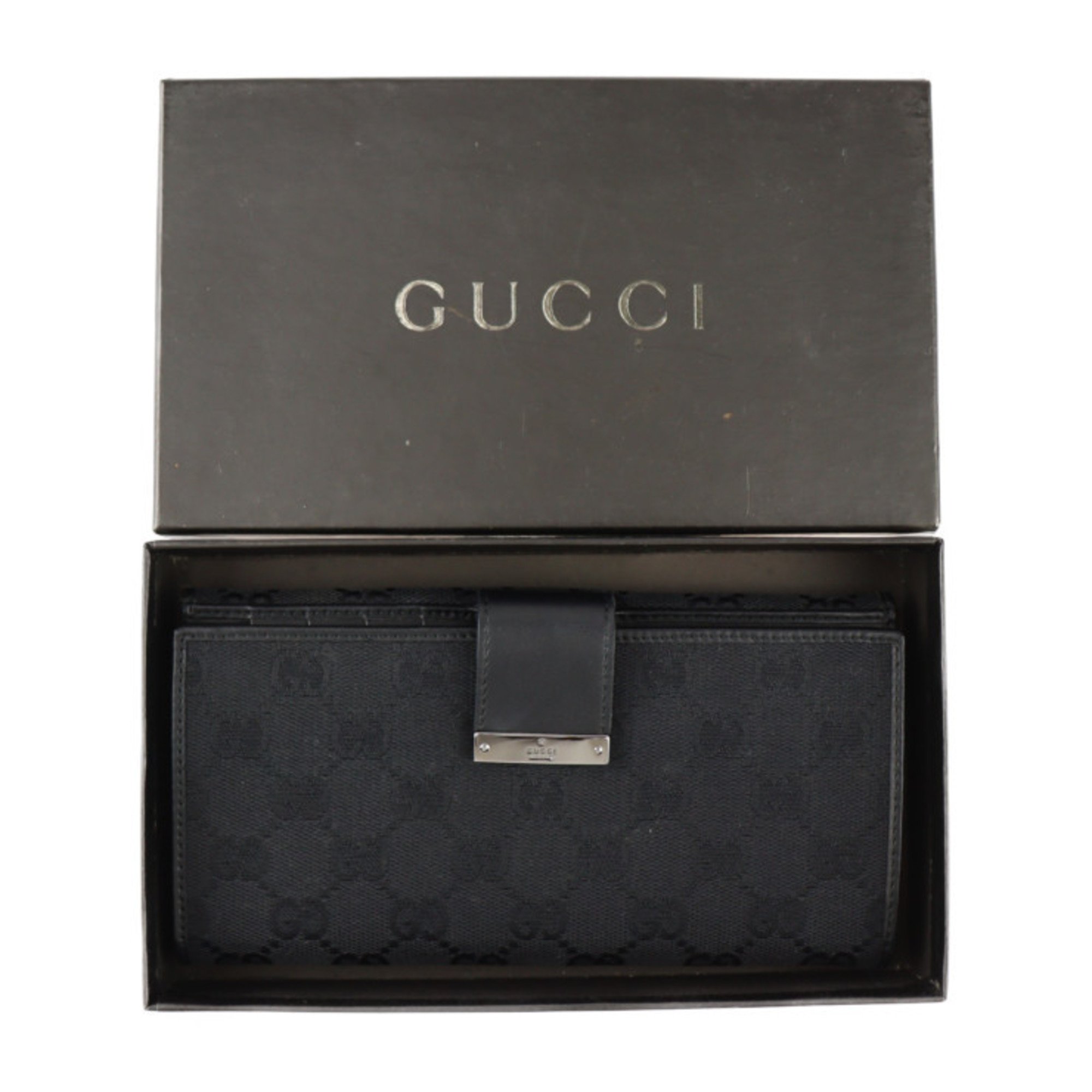 GUCCI Gucci Double Hook Long Wallet Bifold 74210 GG Canvas Leather Black Silver Hardware