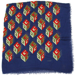 GUCCI Gucci Stole Large Navy Fringe G Cube Print Rayon Silk