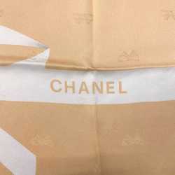 CHANEL Large Scarf Muffler Orange Beige Cream Gray Silk 100% Ribbon Pattern Ladies