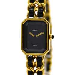 CHANEL Watch Premiere Black Gold H0001 XL Leather GP Quartz Ladies Battery Operated Chain Bracelet Square