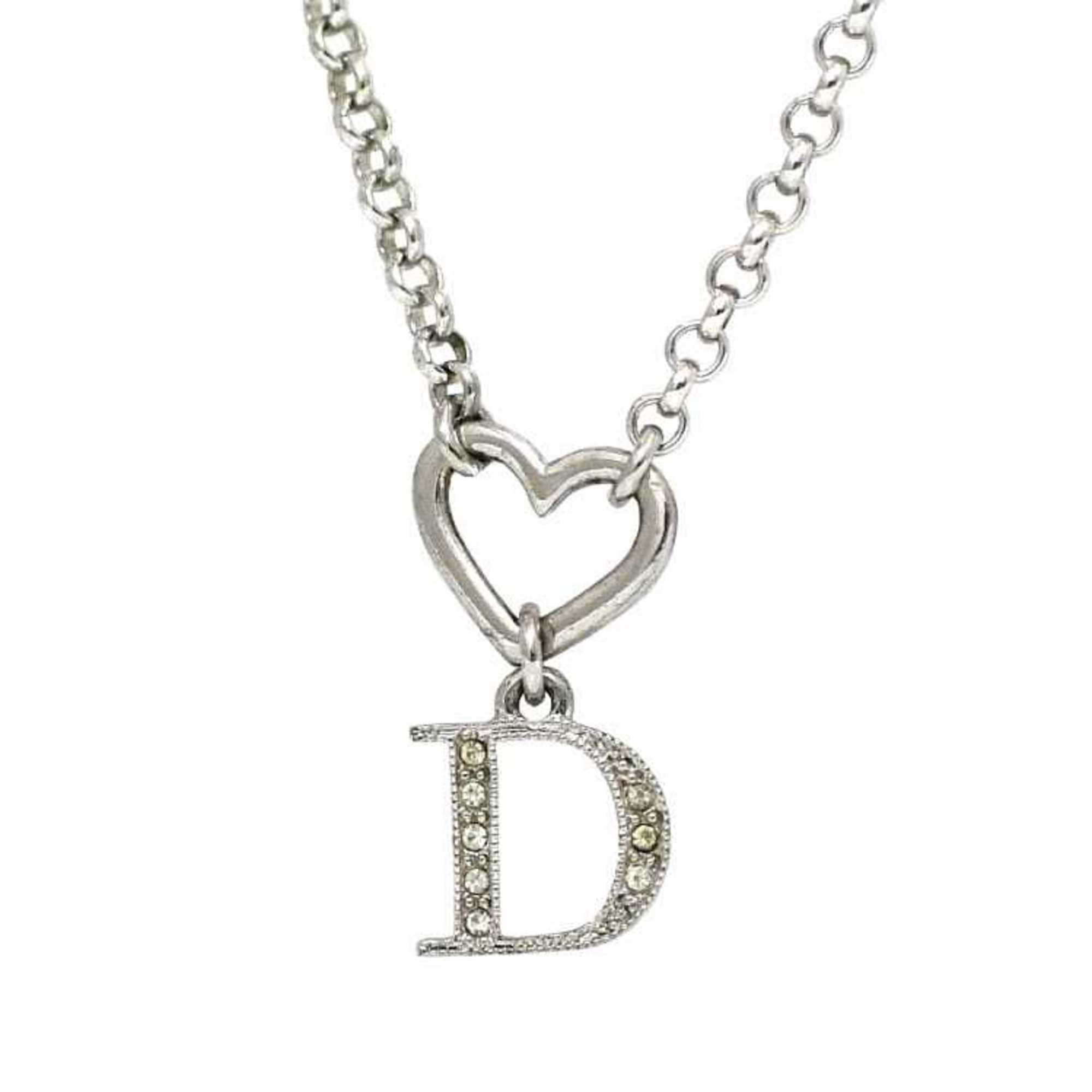 Christian Dior Necklace Silver Heart Rhinestone Stone Chain Women's