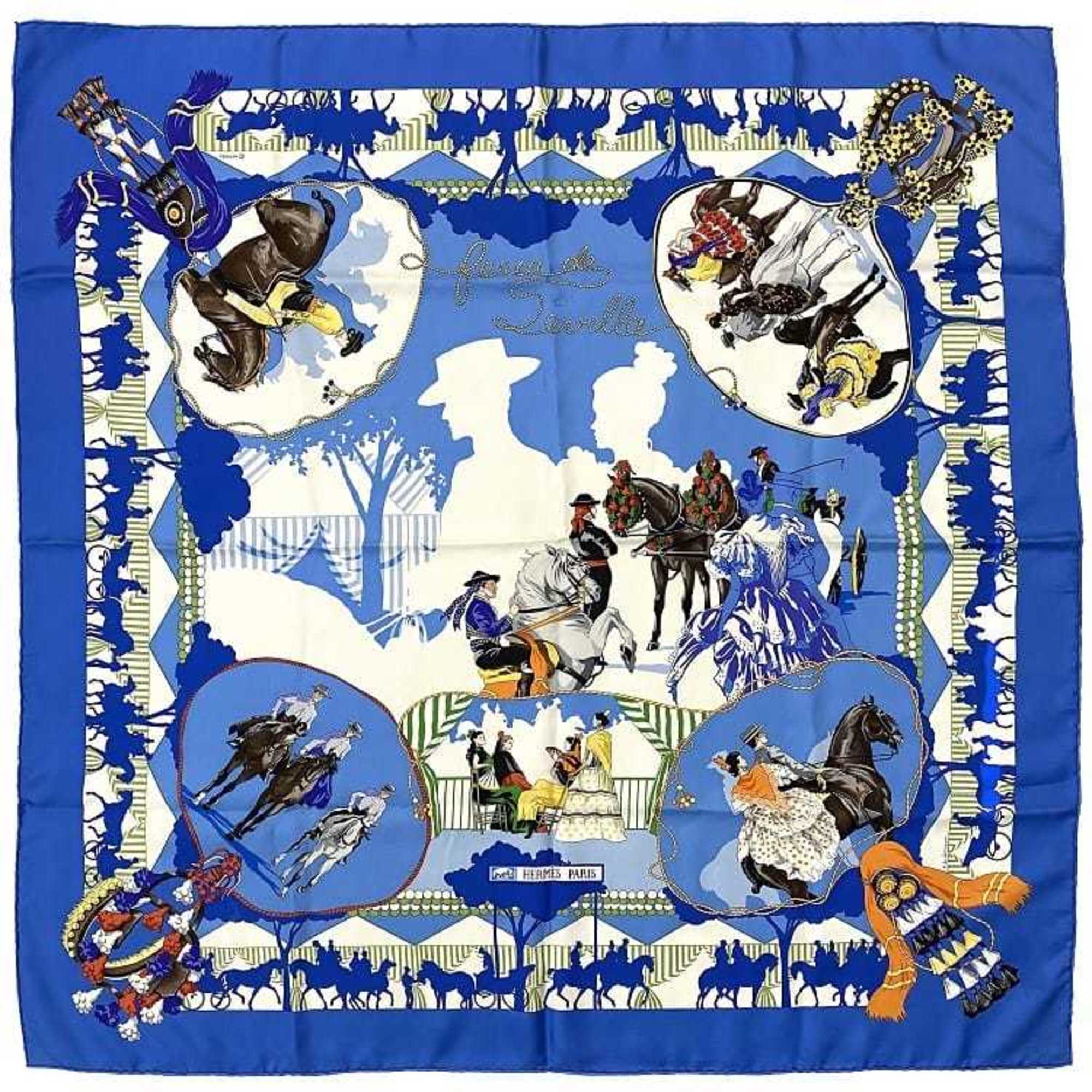 Hermes Large Scarf Muffler Carre 90 Blue White Seville Holiday 100% Silk HERMES Ladies