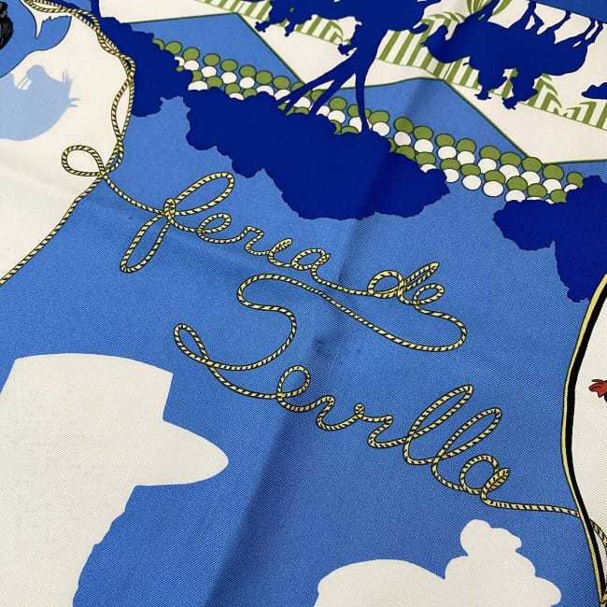 Hermes Large Scarf Muffler Carre 90 Blue White Seville Holiday 100% Silk HERMES Ladies