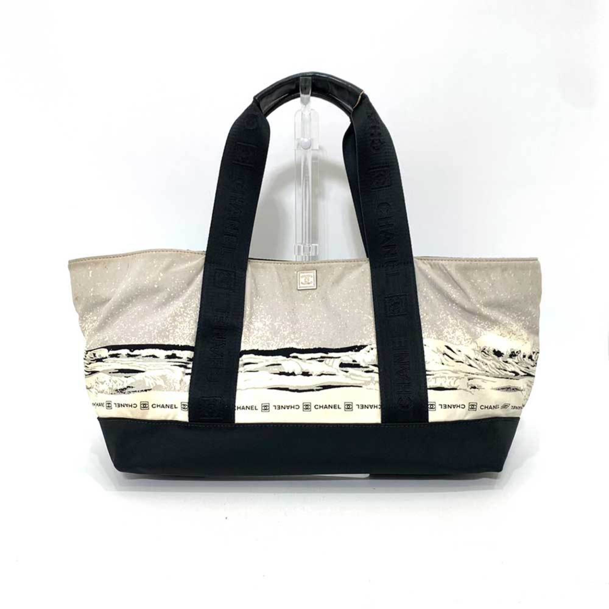 CHANEL Bag Sports Line High Summer Handbag Black x Gray Tote Horizontal Wave Pattern Ladies Men's Nylon Canvas