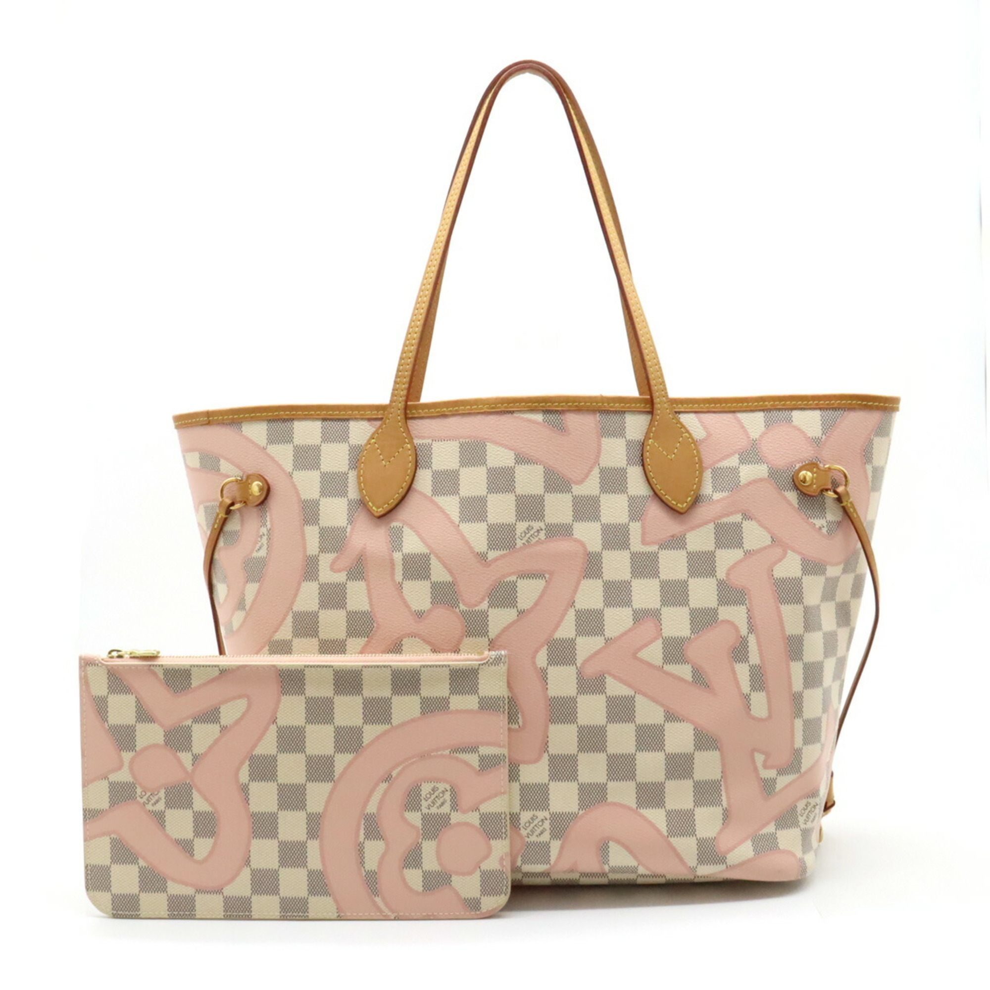 LOUIS VUITTON Damier Azur Tahiti Neverfull MM Tote Bag Shoulder Rose Ballerine N41050