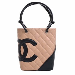 CHANEL Leather Cambon Coco Mark Small Tote Bag Beige/Black Women's