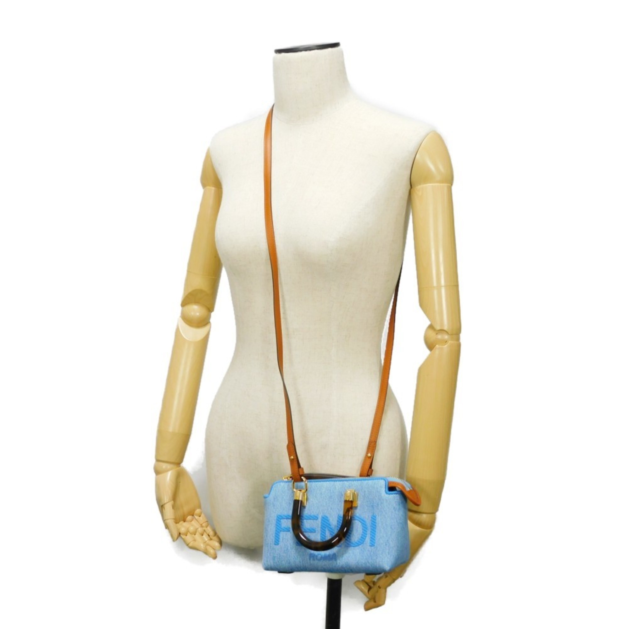 FENDI Handbag By the Way Mini Denim 2WAY Shoulder Bag Logo Light Blue 8BS067 AJR2 F1LB6 Women's