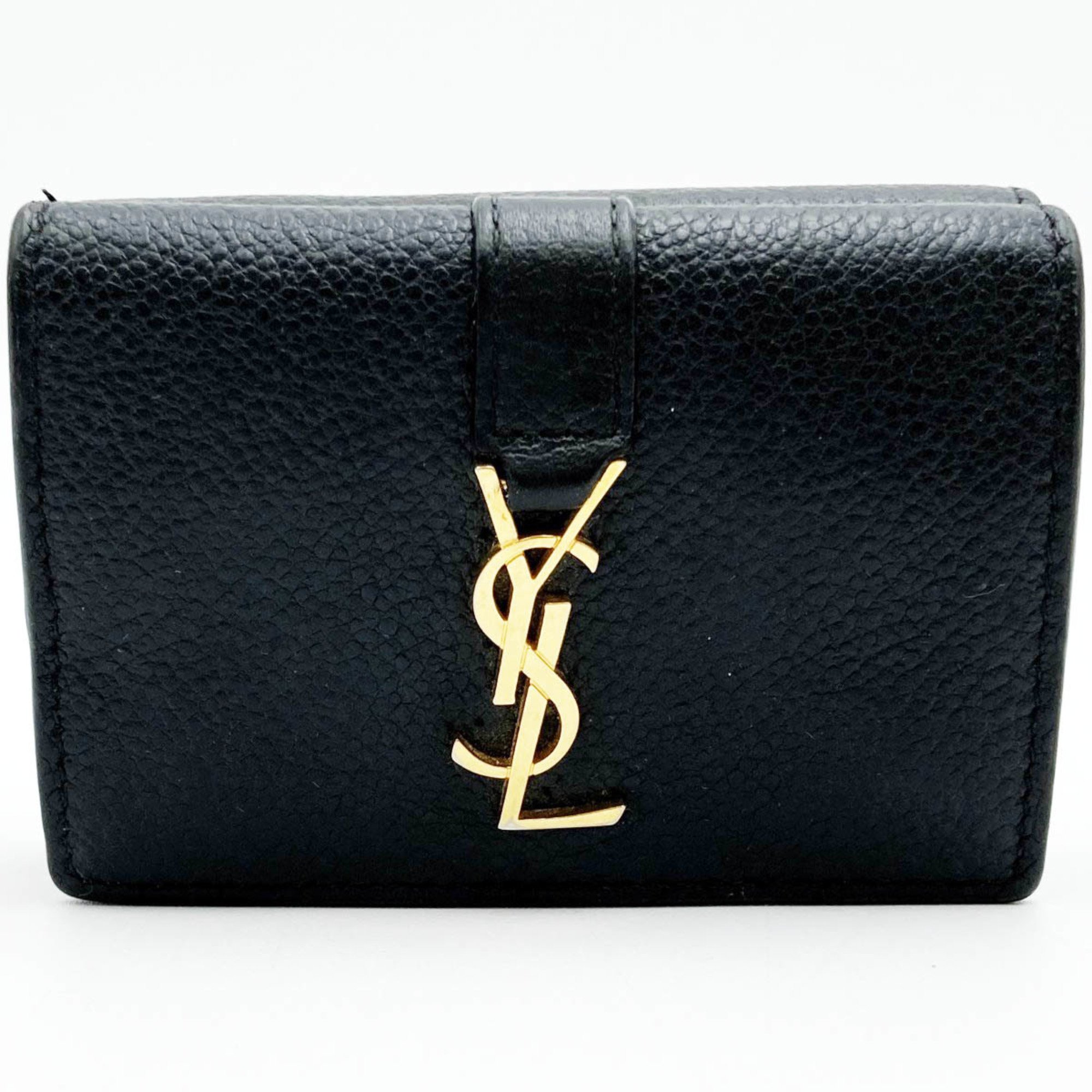 SAINT LAURENT Saint Laurent Trifold Wallet Mini Gold Hardware Leather Black Women's Men's