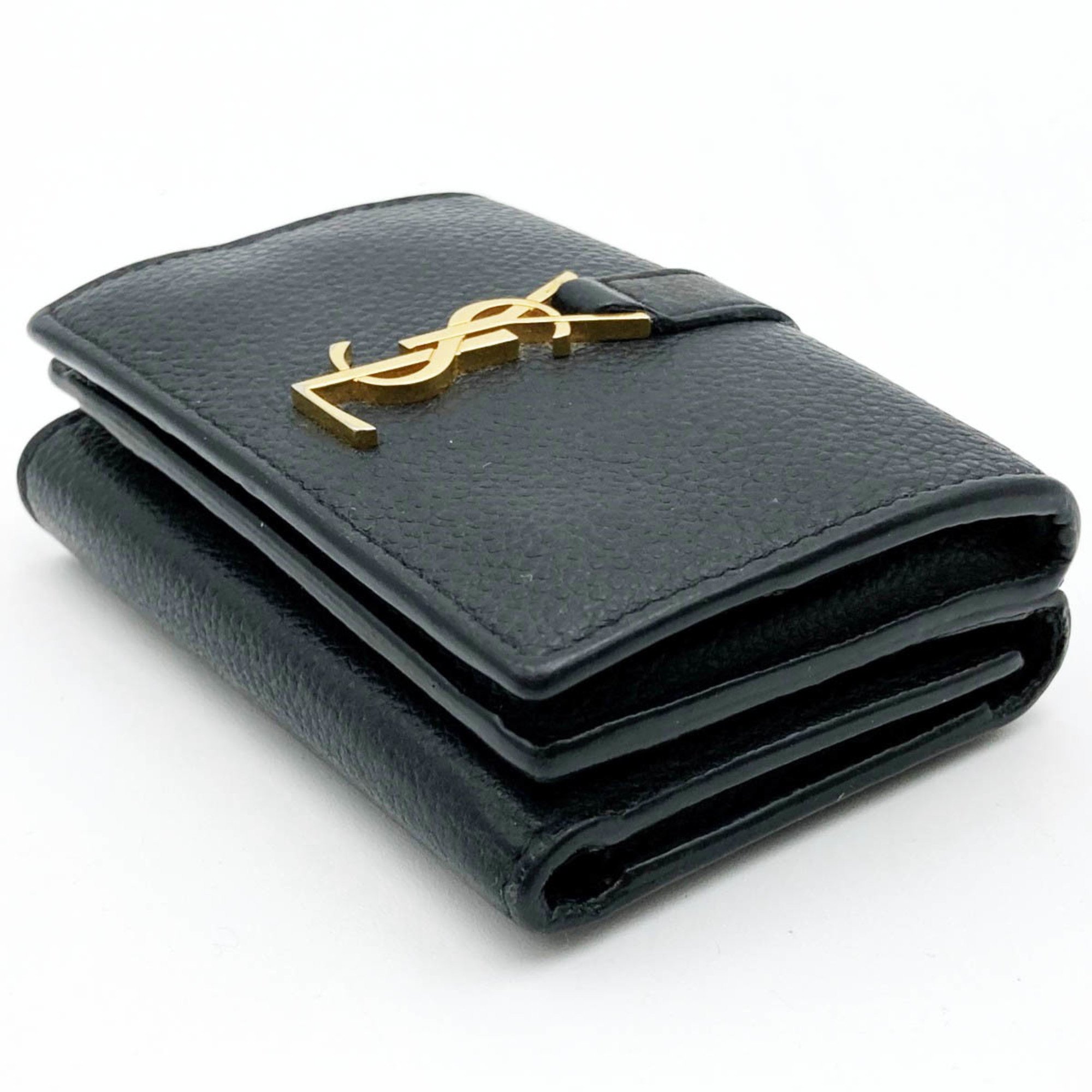 SAINT LAURENT Saint Laurent Trifold Wallet Mini Gold Hardware Leather Black Women's Men's