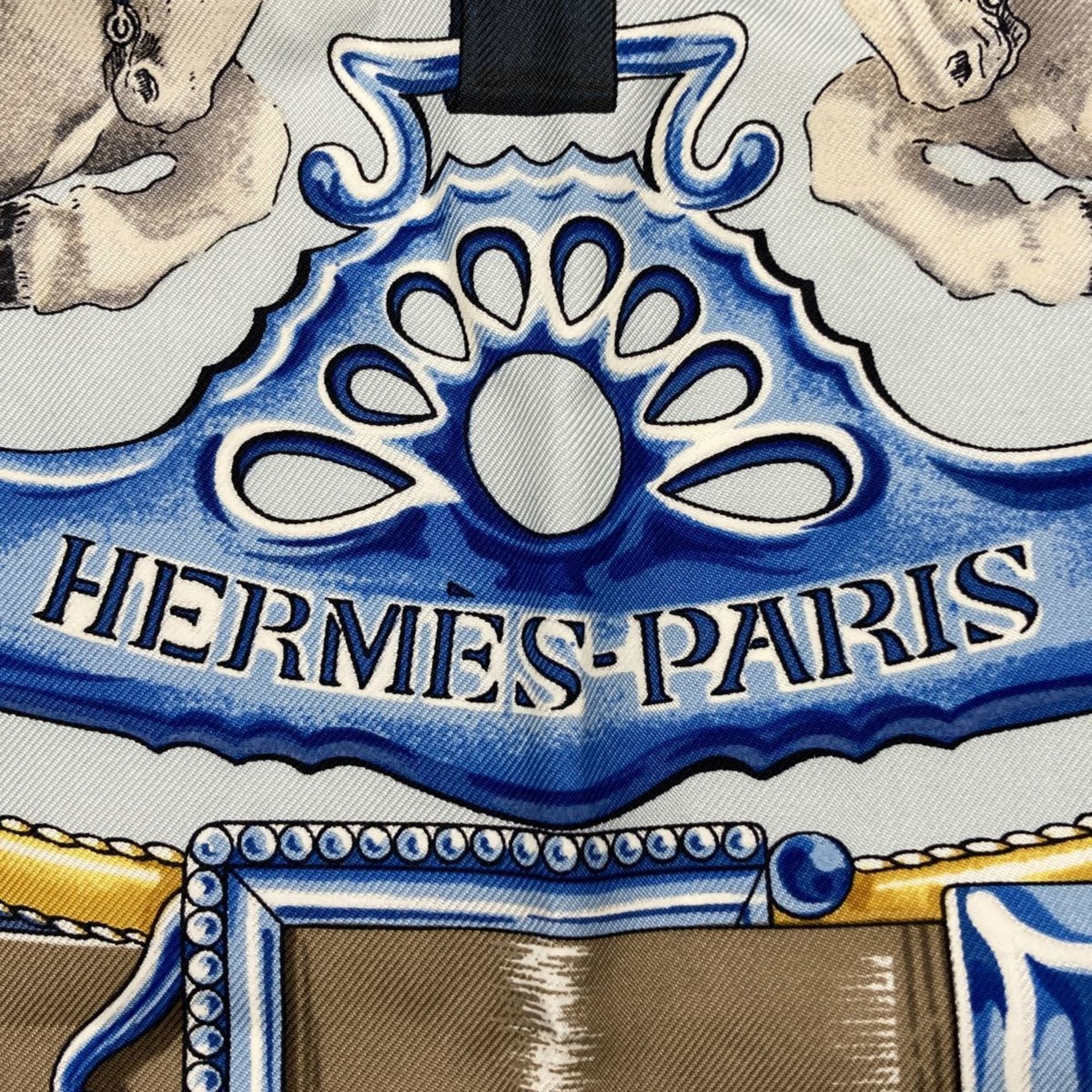 HERMES Hermes Carre 90 CHEVAIIX DE TRAIT Muffler/Scarf Blue Silk Ladies Fashion Accessories USED