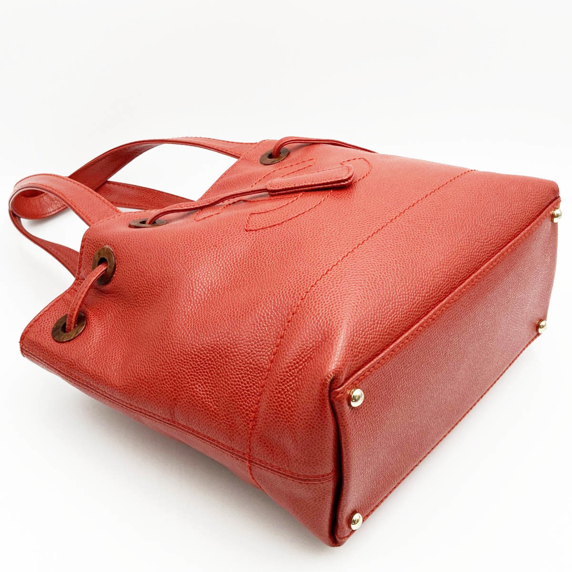 CHANEL Tote Bag Drawstring Caviar Skin Wood Style Coco Mark Vintage Red Ladies
