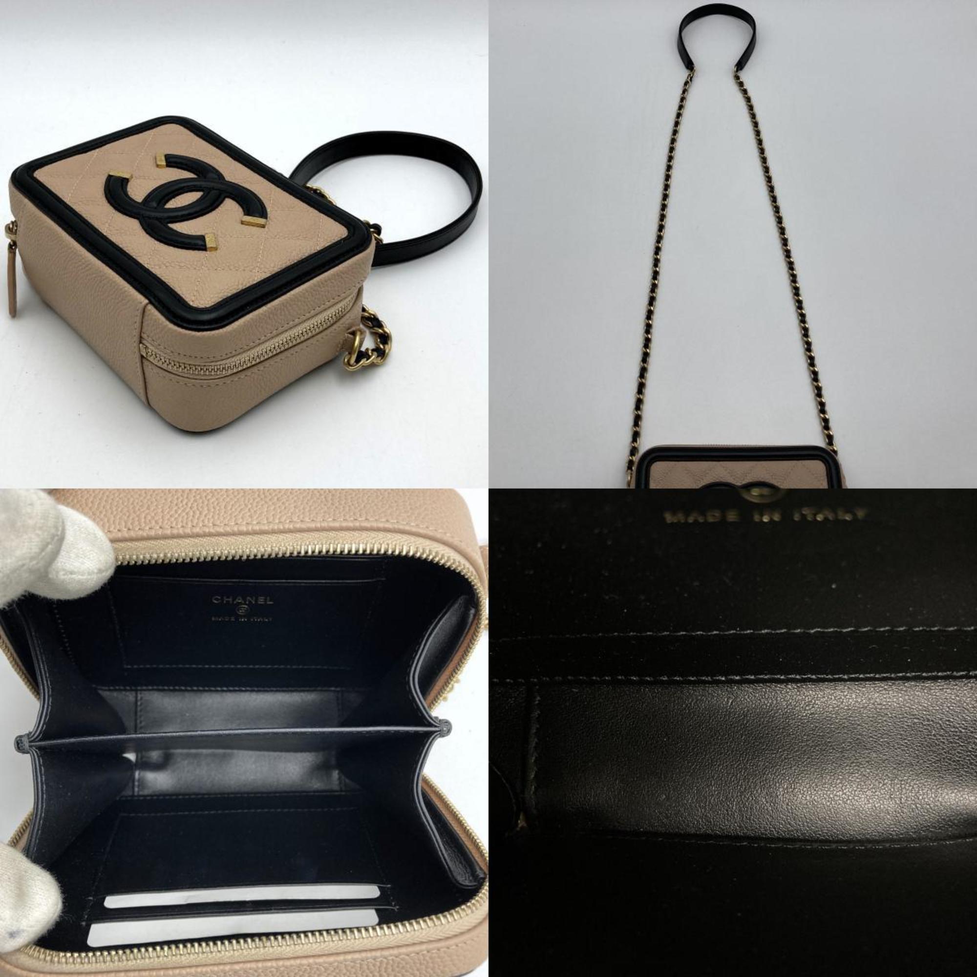 CHANEL CC Filigree Coco Mark Shoulder Bag Chain Beige Black Bicolor Caviar Skin Ladies Fashion USED