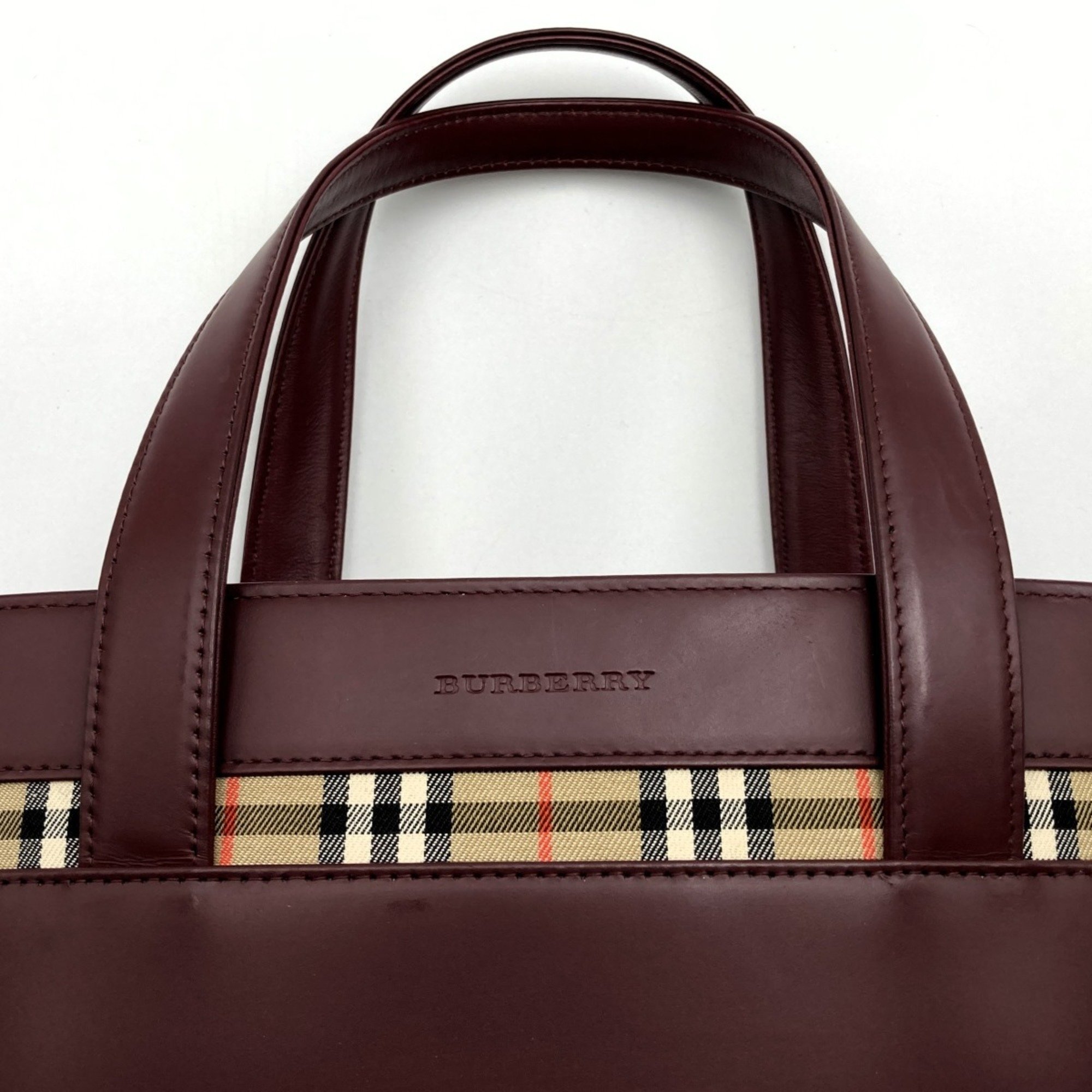 BURBERRY Burberry Handbag Tote Bag Formal Nova Check Bordeaux Red Leather Ladies Fashion USED