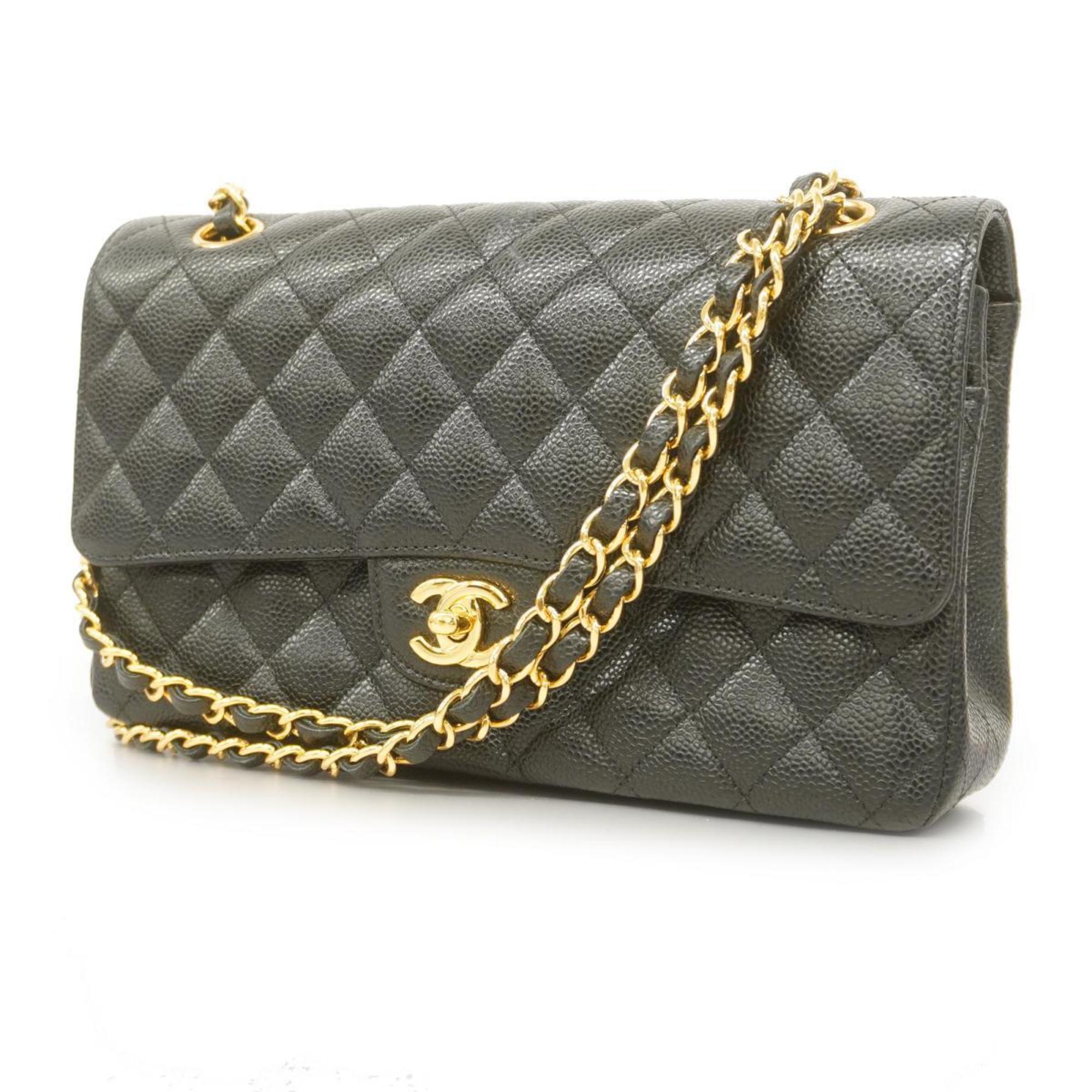 Chanel Shoulder Bag Matelasse W Flap Chain Caviar Skin Black Gold Hardware Women's