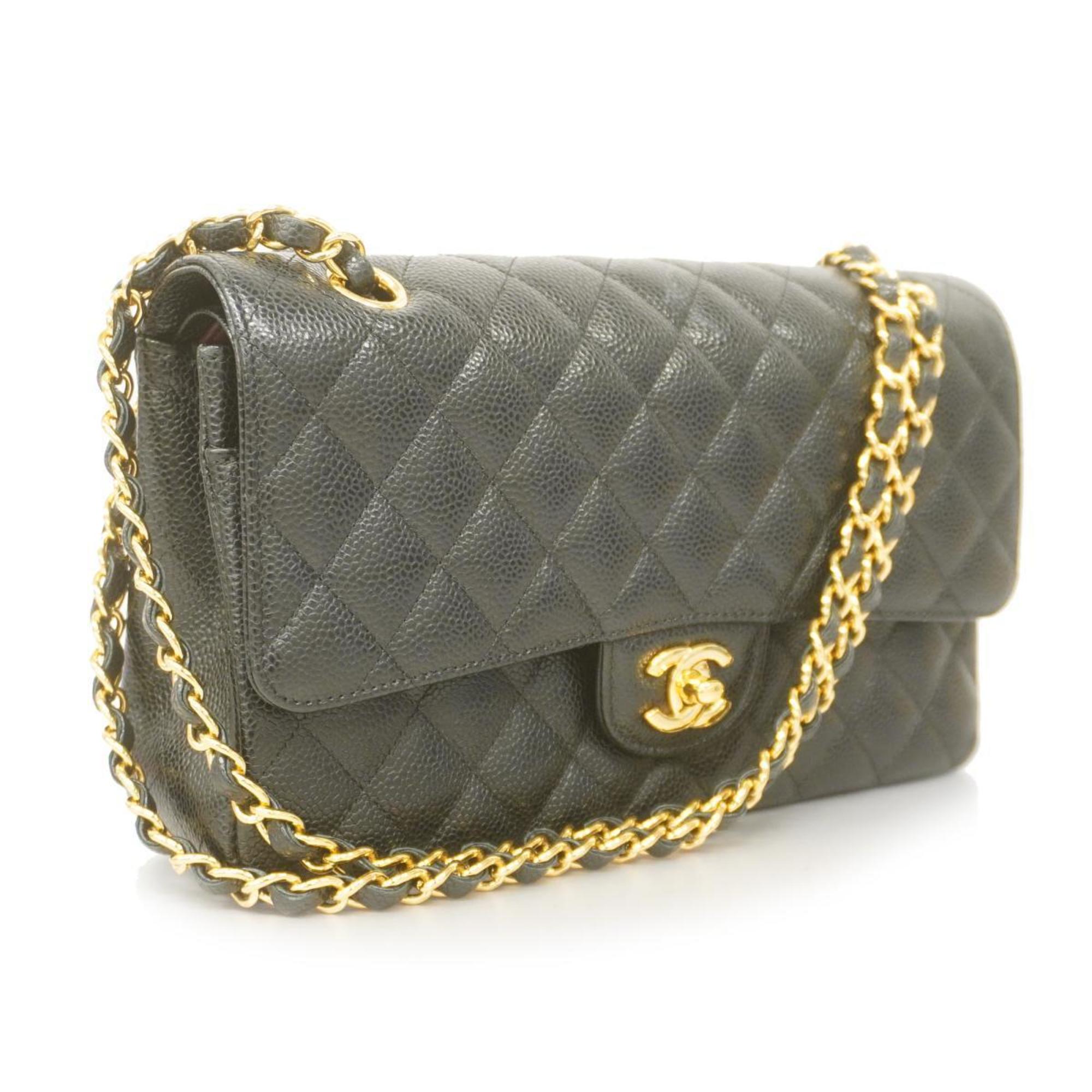 Chanel Shoulder Bag Matelasse W Flap Chain Caviar Skin Black Gold Hardware Women's