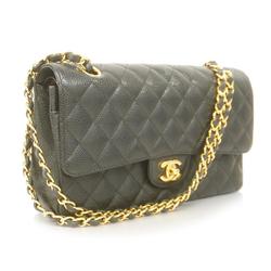 Chanel Shoulder Bag Matelasse W Flap Chain Caviar Skin Black Gold Hardware Women's