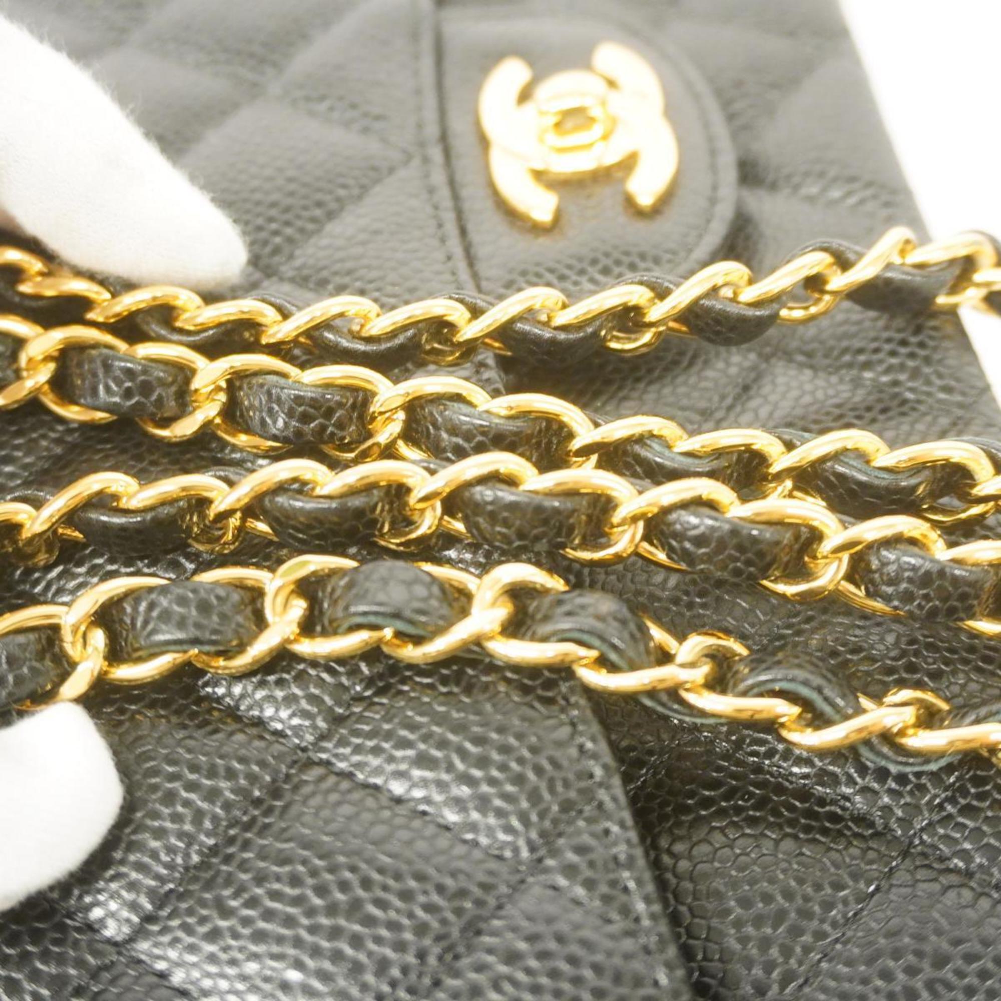 Chanel Shoulder Bag Matelasse W Flap Chain Caviar Skin Black Gold Hardware Women's