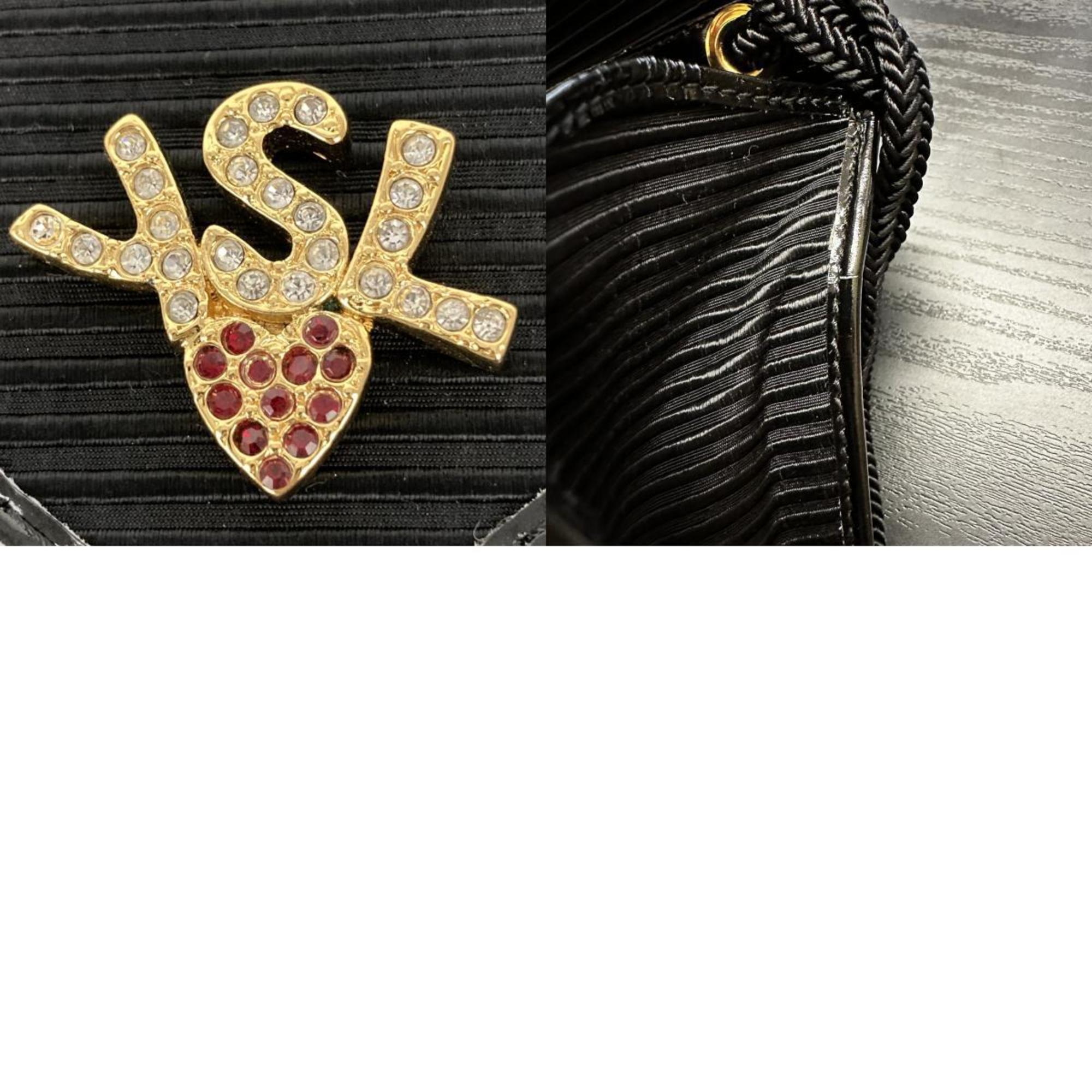 YVES SAINT LAURENT Yves Saint Laurent Shoulder Bag Canvas Black YSL Logo Heart Rhinestone Women's