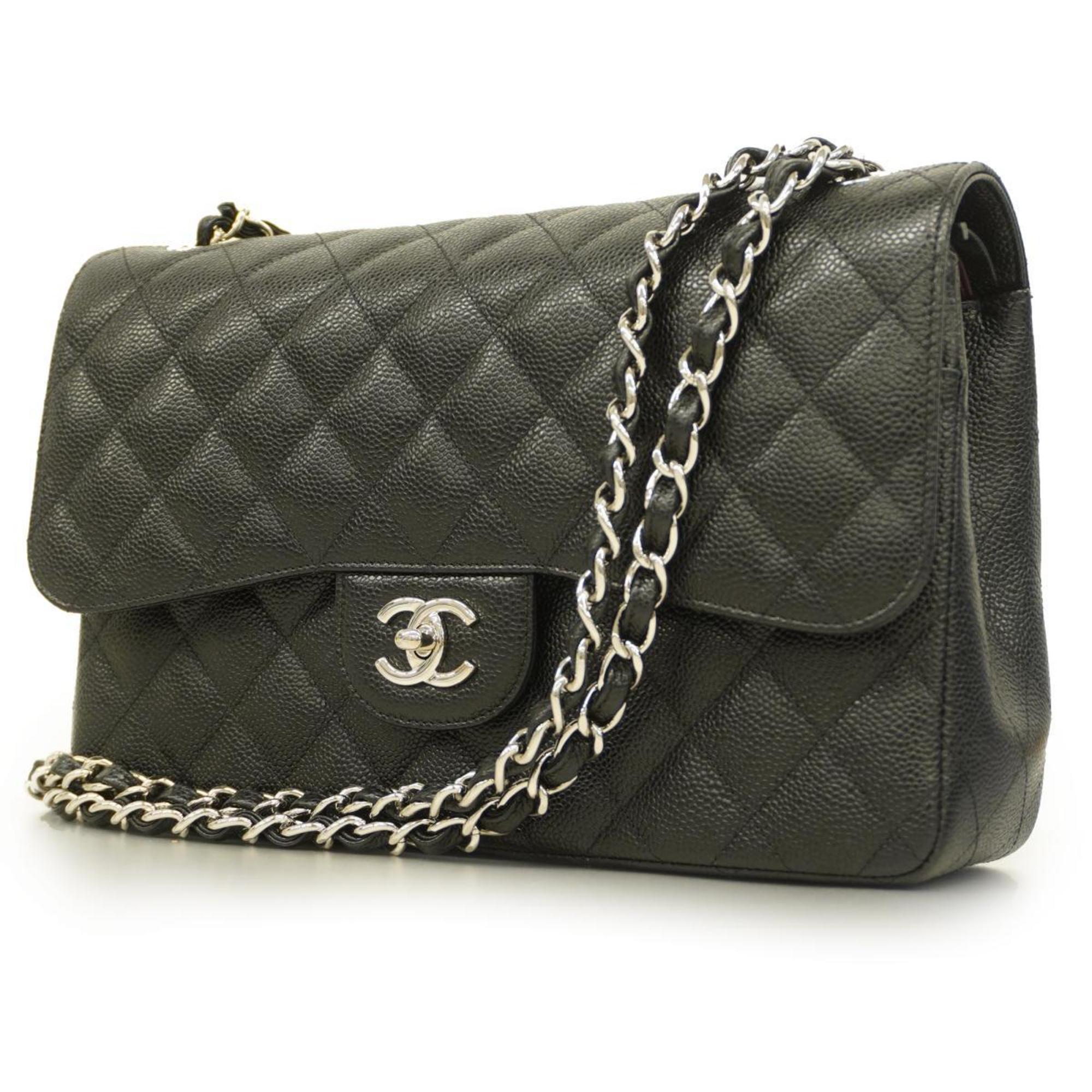 Chanel Shoulder Bag Big Matelasse W Flap Chain Caviar Skin Black 