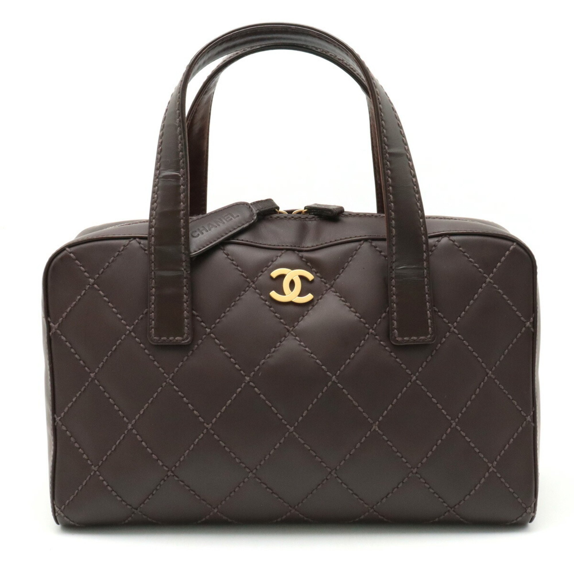 CHANEL Wild Stitch Coco Mark Handbag Boston Bag Leather Dark Brown A18121