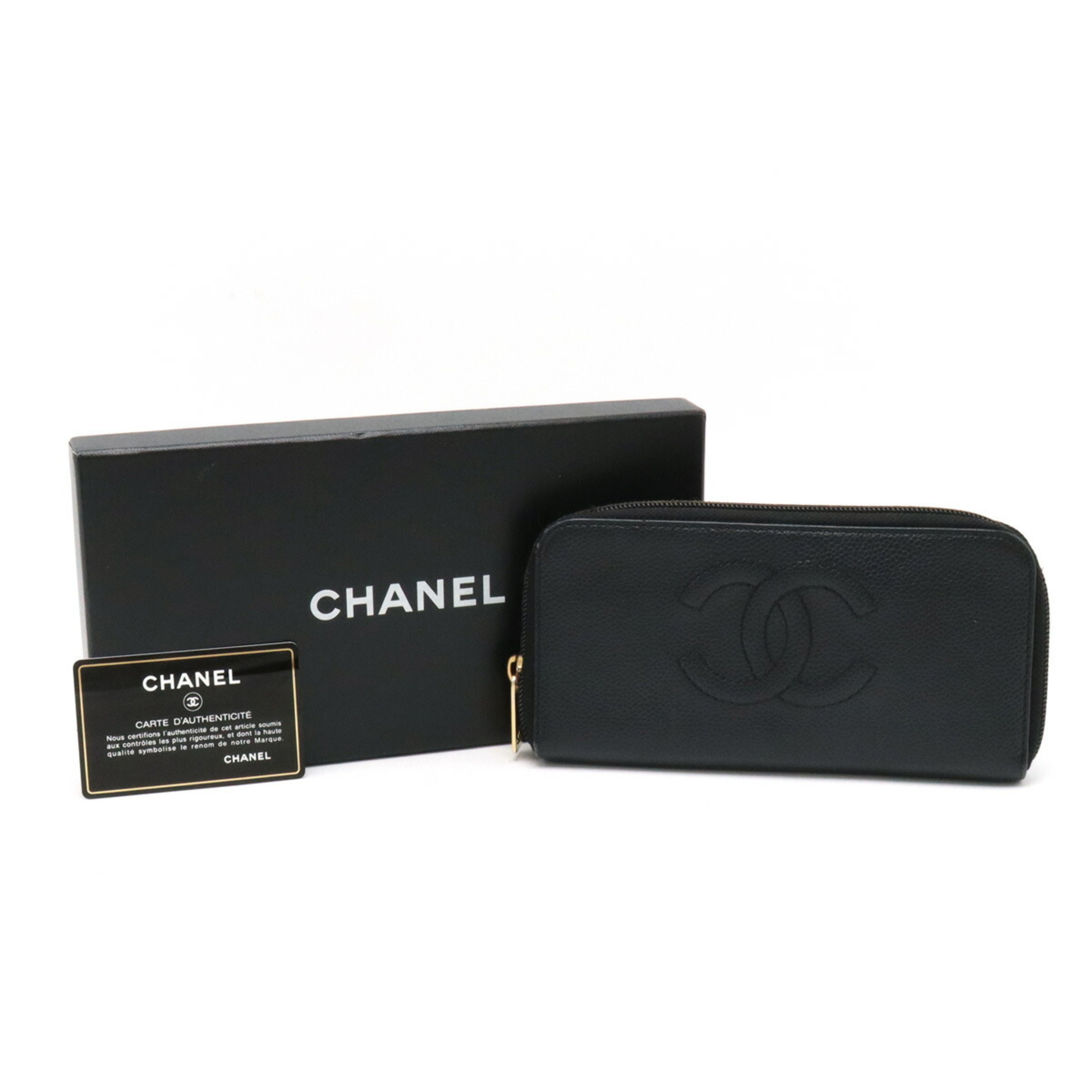 CHANEL Caviar Skin Coco Mark Round Long Wallet Leather Black A13228