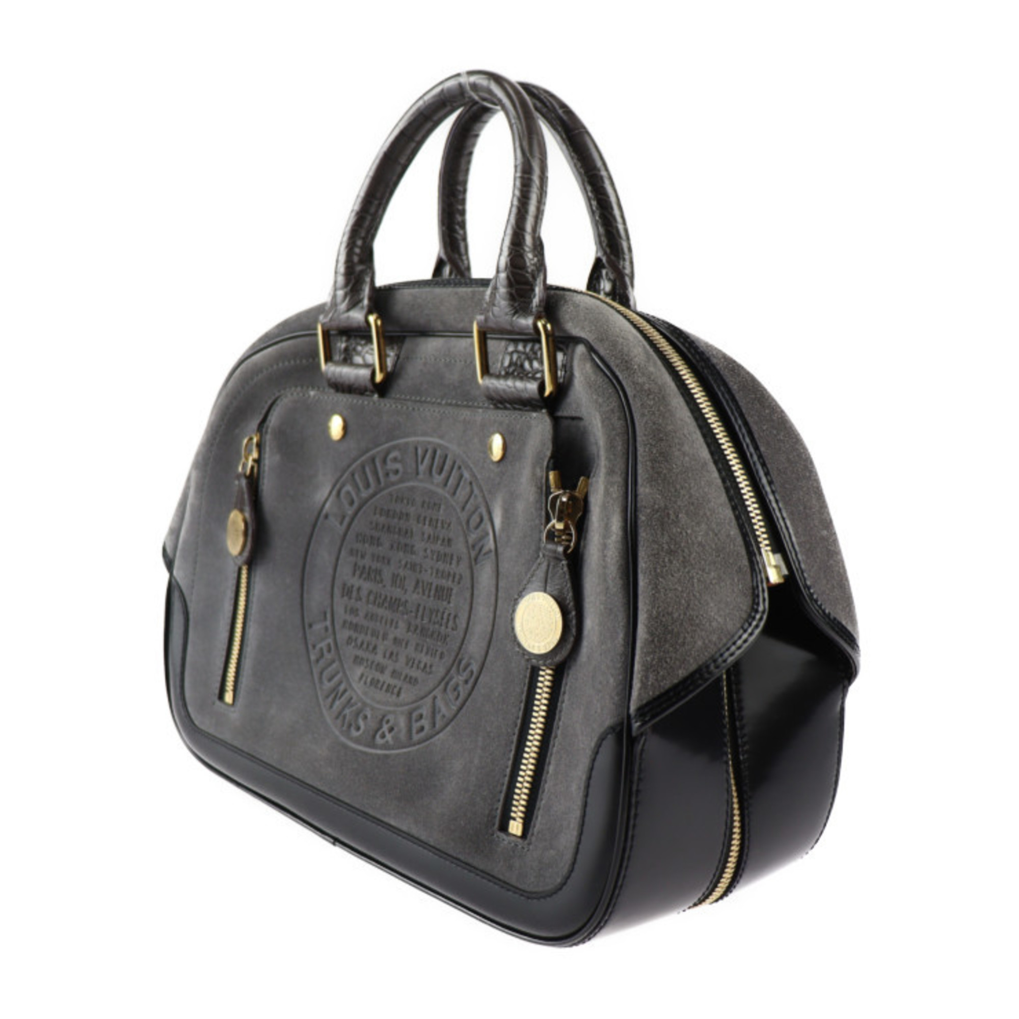 LOUIS VUITTON Louis Vuitton Stamp Bag GM Handbag M95237 Suede Calf Leather Gray Black Gold Hardware