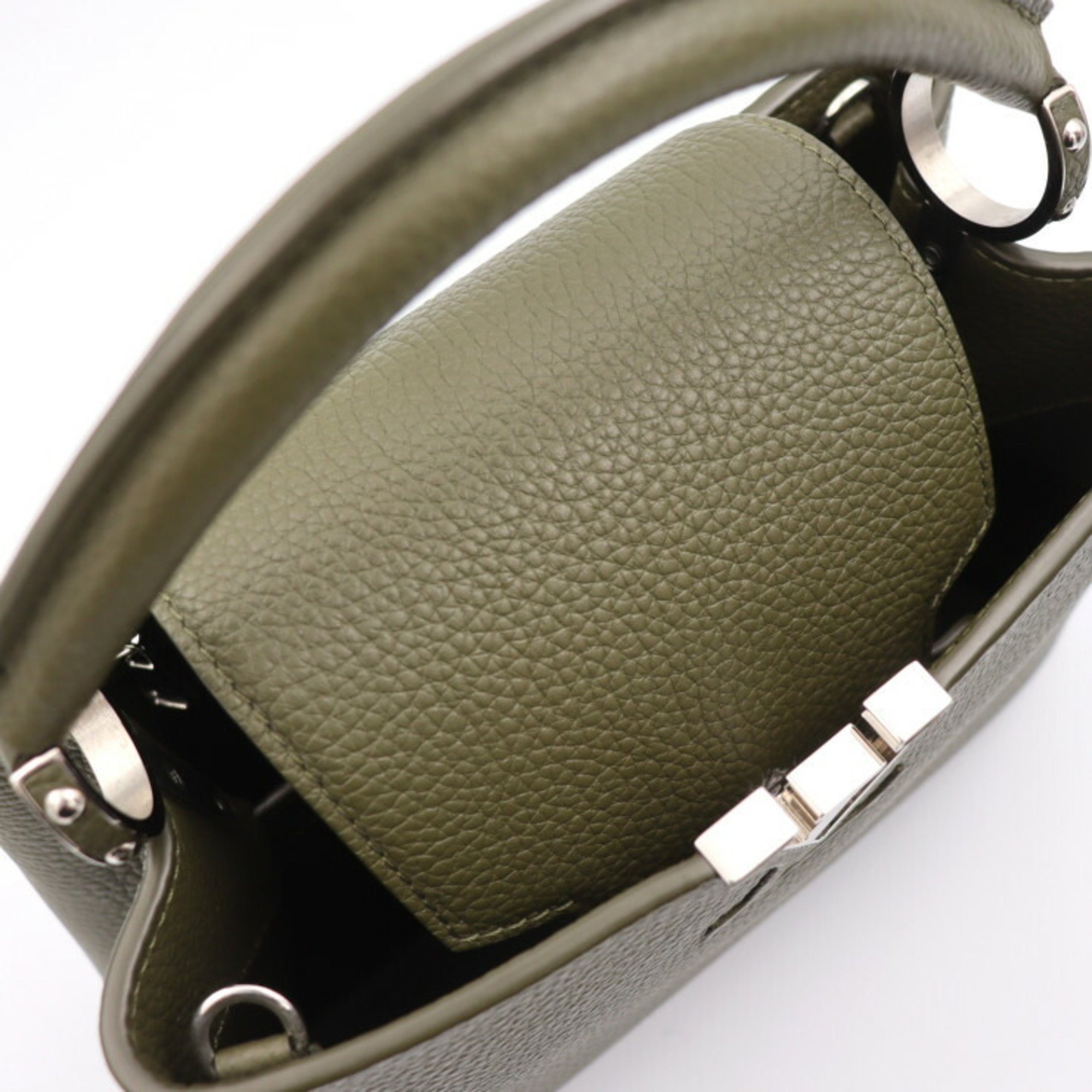 LOUIS VUITTON Capucines BB Handbag M57227 Taurillon Leather Khaki Olive Green Silver Hardware 2WAY Shoulder Bag Vuitton