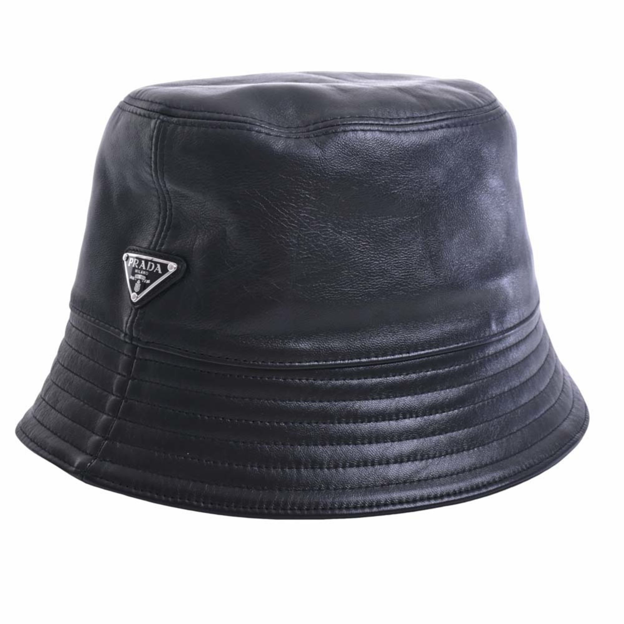 PRADA Prada Leather Triangle Logo Bucket Hat #XL 2HC137 Black Men's