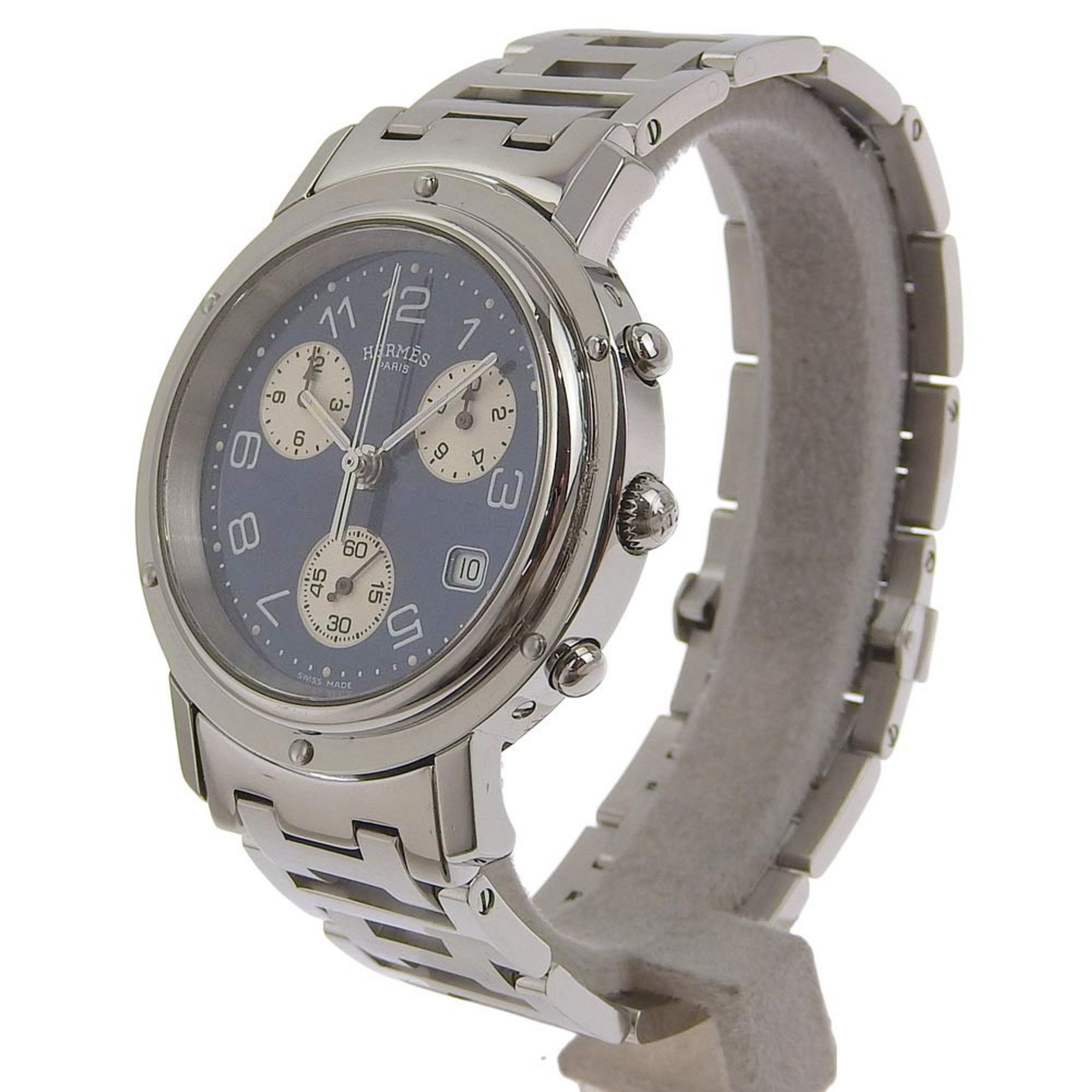 Hermes Clipper Watch CL1.910 Stainless Steel Swiss Made Silver Quartz Chronograph Navy Dial Men's