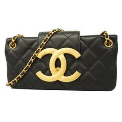 Chanel Shoulder Bag Matelasse W Chain Lambskin Black Gold Hardware Women's