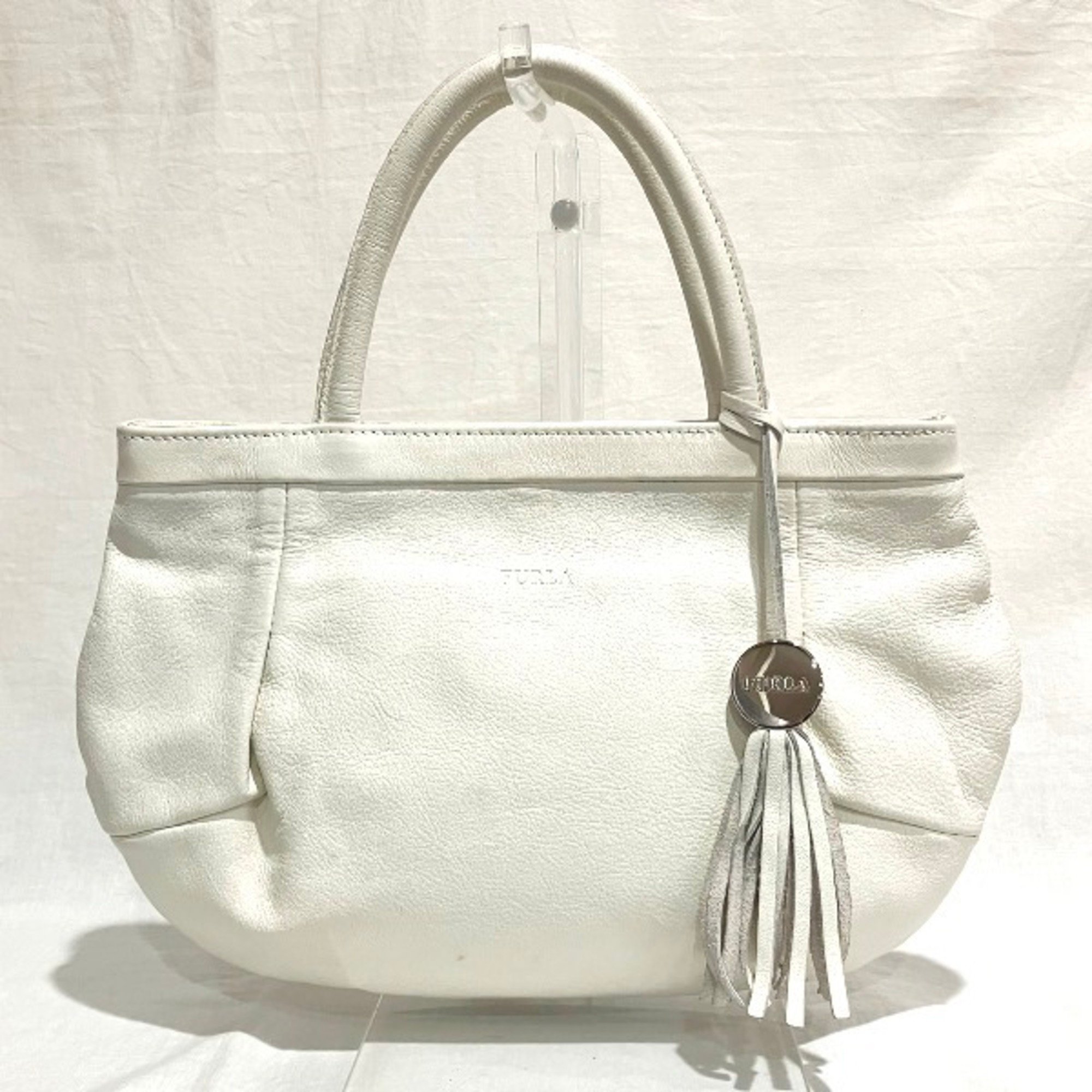 FURLA White Leather Tassel Charm Bag Handbag Ladies