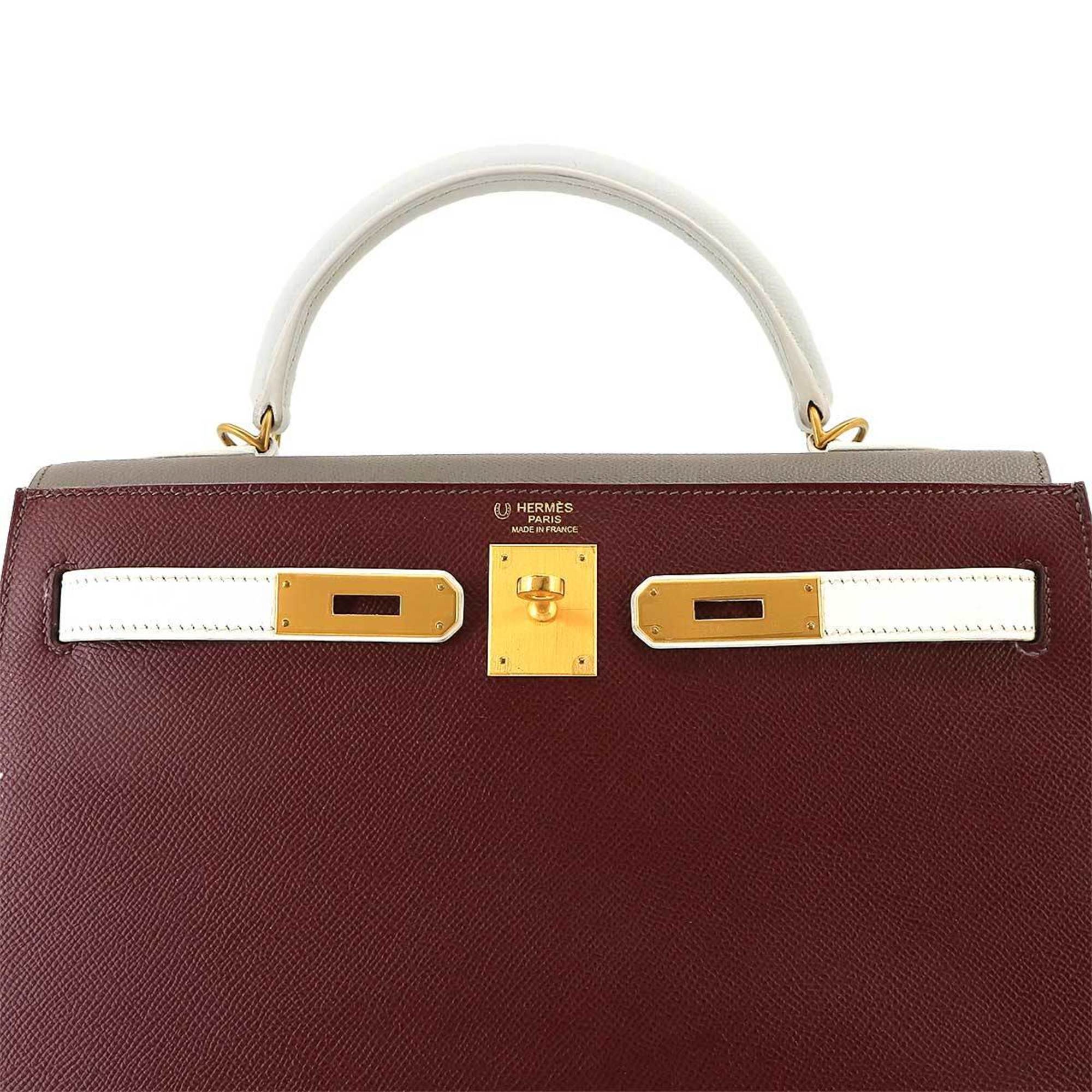 HERMES Kelly 32 Personal SPO 2way Hand Shoulder Bag Epson Rouge Ash Ethane White X Engraved Outside Sewing