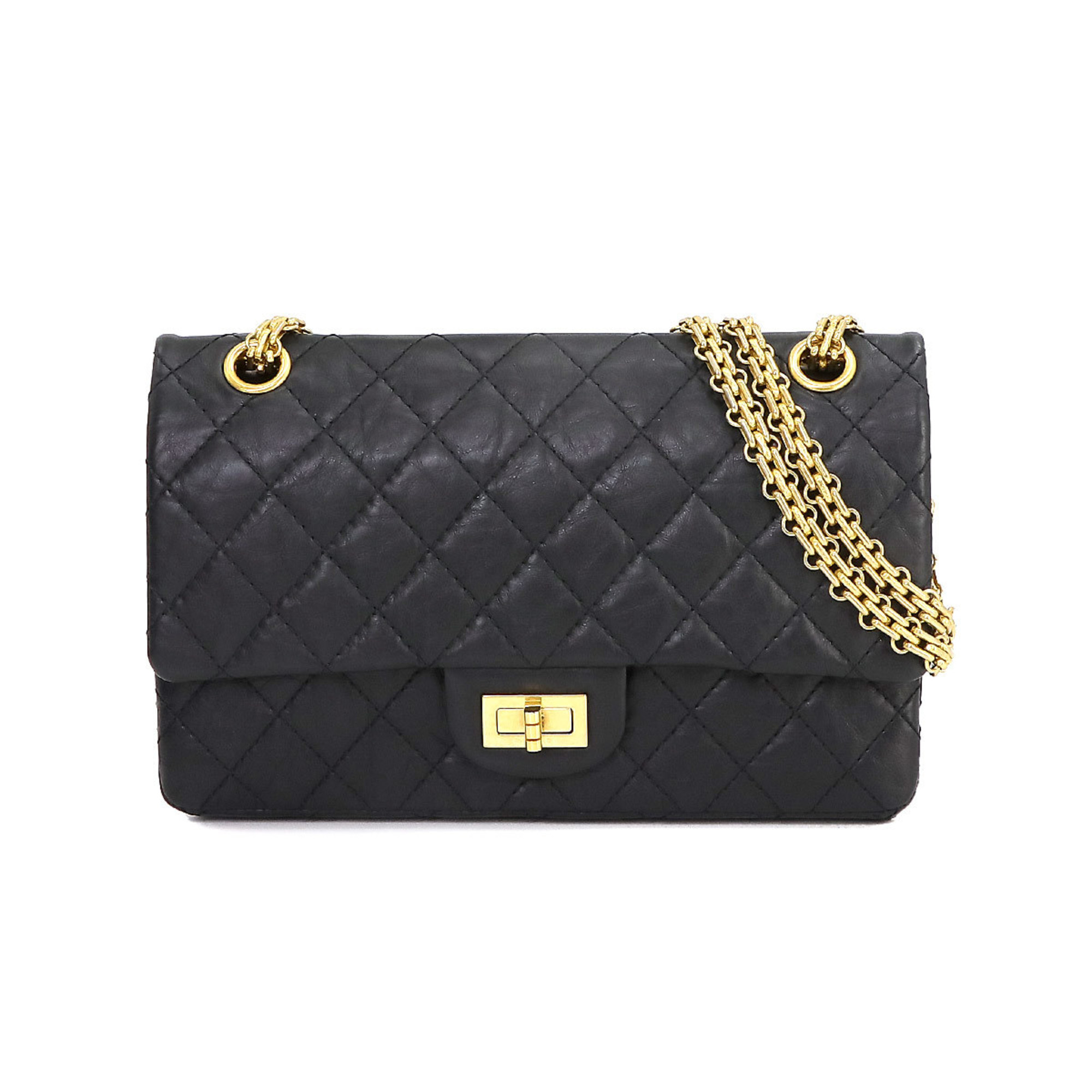 CHANEL 2.55 Matelasse Chain Shoulder Bag Leather Black A37586 Gold