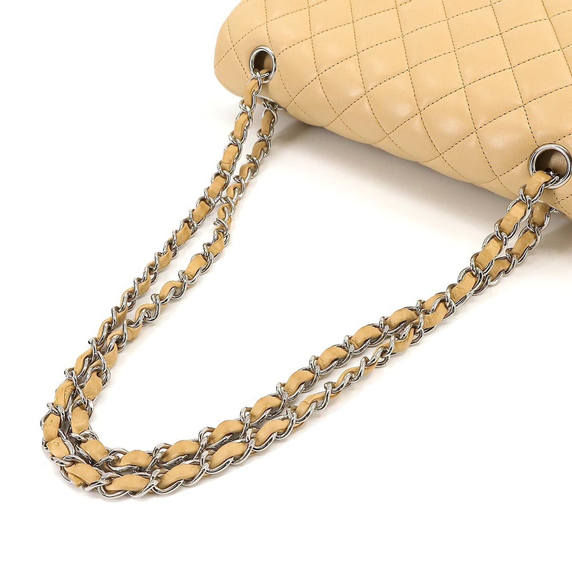 CHANEL Matelasse 25 Chain Shoulder Bag Leather Beige A01112 Silver Metal Fittings Here Mark