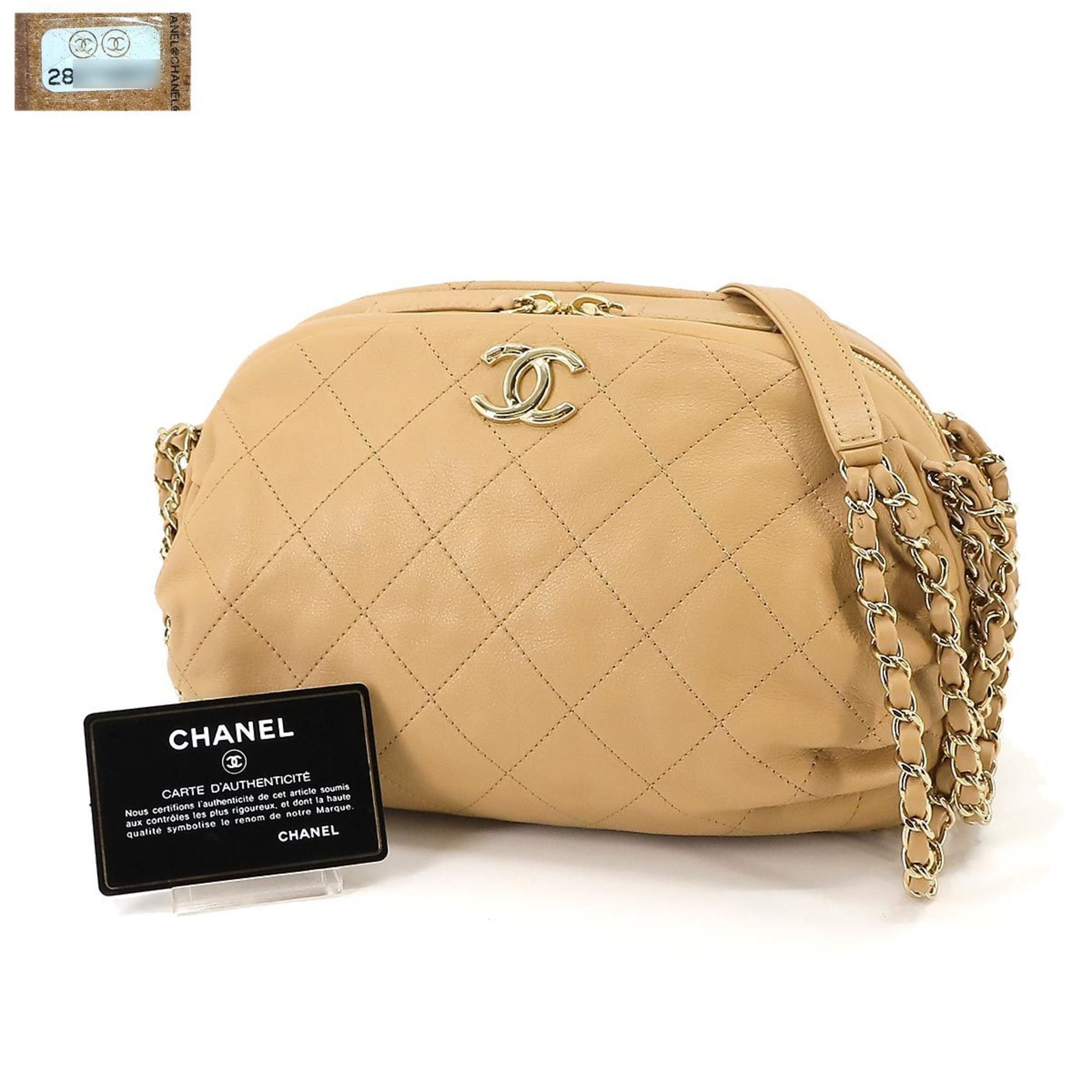 CHANEL Matelasse Chain Shoulder Bag Leather Beige Gold Hardware