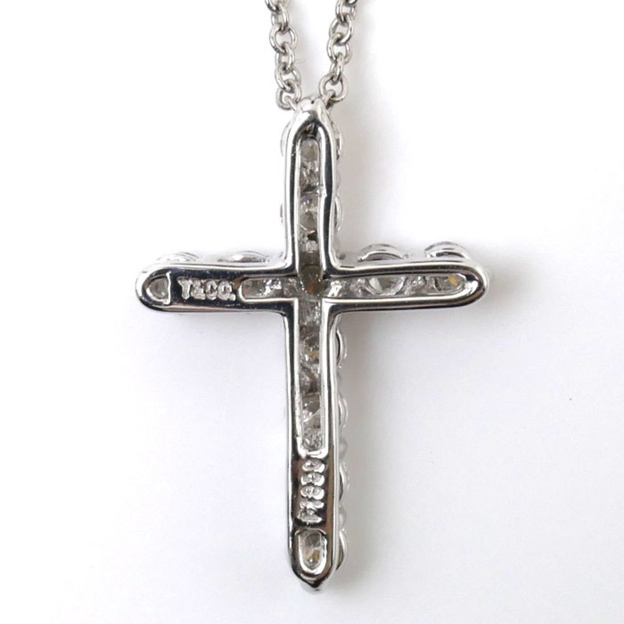 TIFFANY&Co. Tiffany Pt950 Platinum K18WG White Gold Small Cross 11P Diamond Necklace 3.7g 50cm Ladies