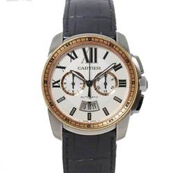 Cartier Caliber de Combi Chronograph W7100043 Men's Watch Date Silver Dial K18PG Pink Gold Back Skeleton Automatic Winding