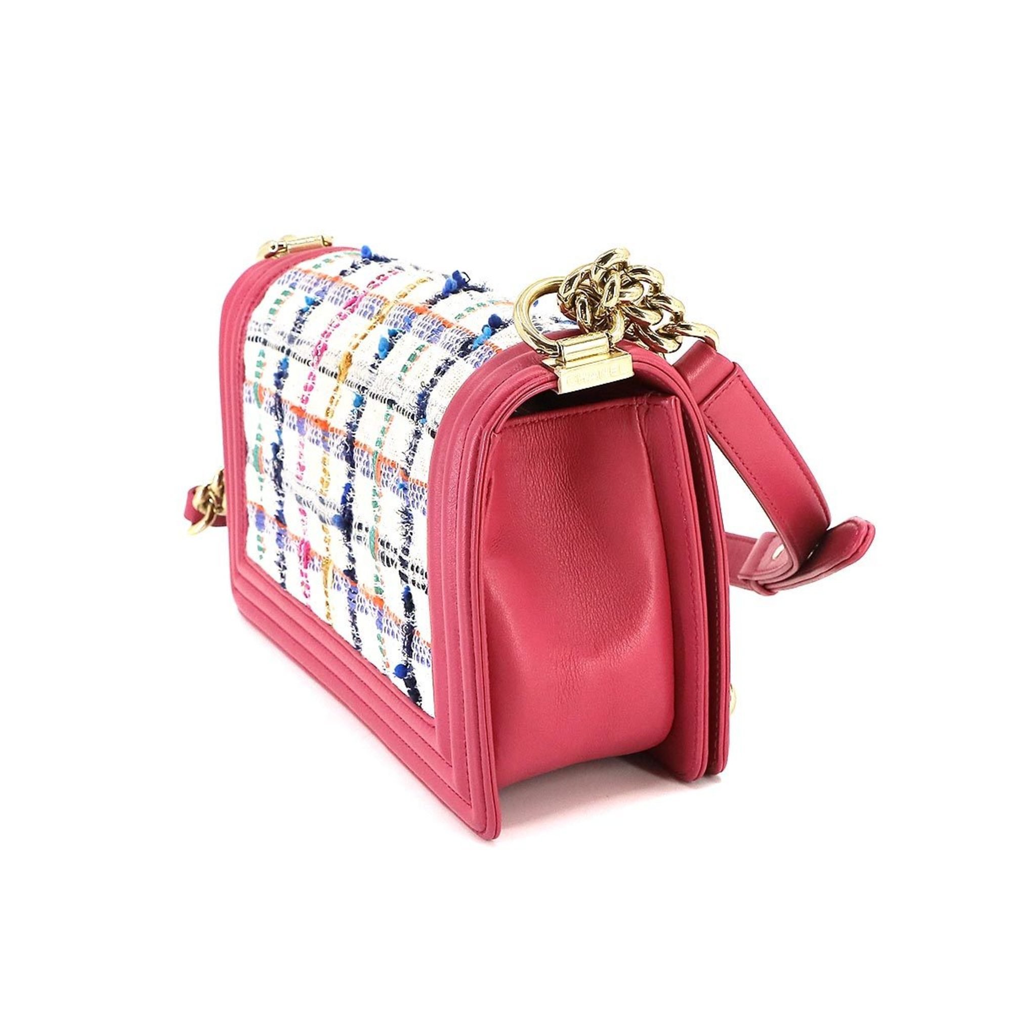 CHANEL Boy Chanel Chain Shoulder Bag Tweed Leather Pink Multicolor Gold Hardware