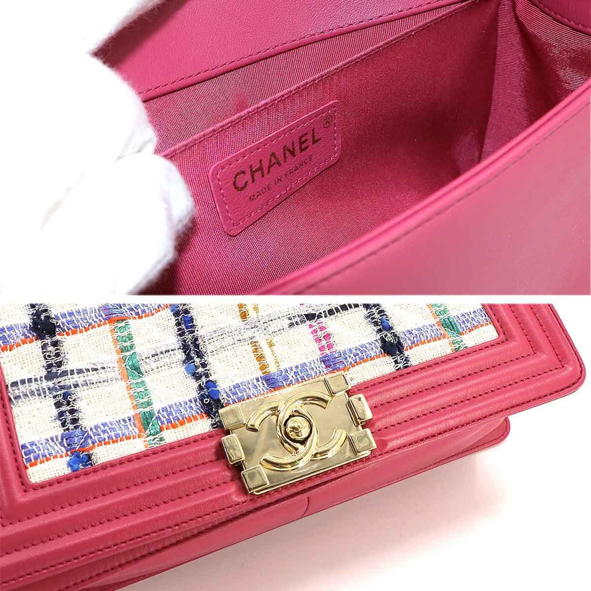 CHANEL Boy Chanel Chain Shoulder Bag Tweed Leather Pink Multicolor Gold Hardware