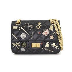 CHANEL 2.55 Matelasse Embroidery Chain Shoulder Bag Leather Black A37584