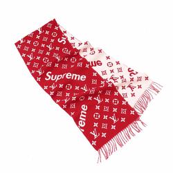 LOUIS VUITTON Supreme Collaboration Scarf Stole Wool Cashmere Red White MP1890 Winter