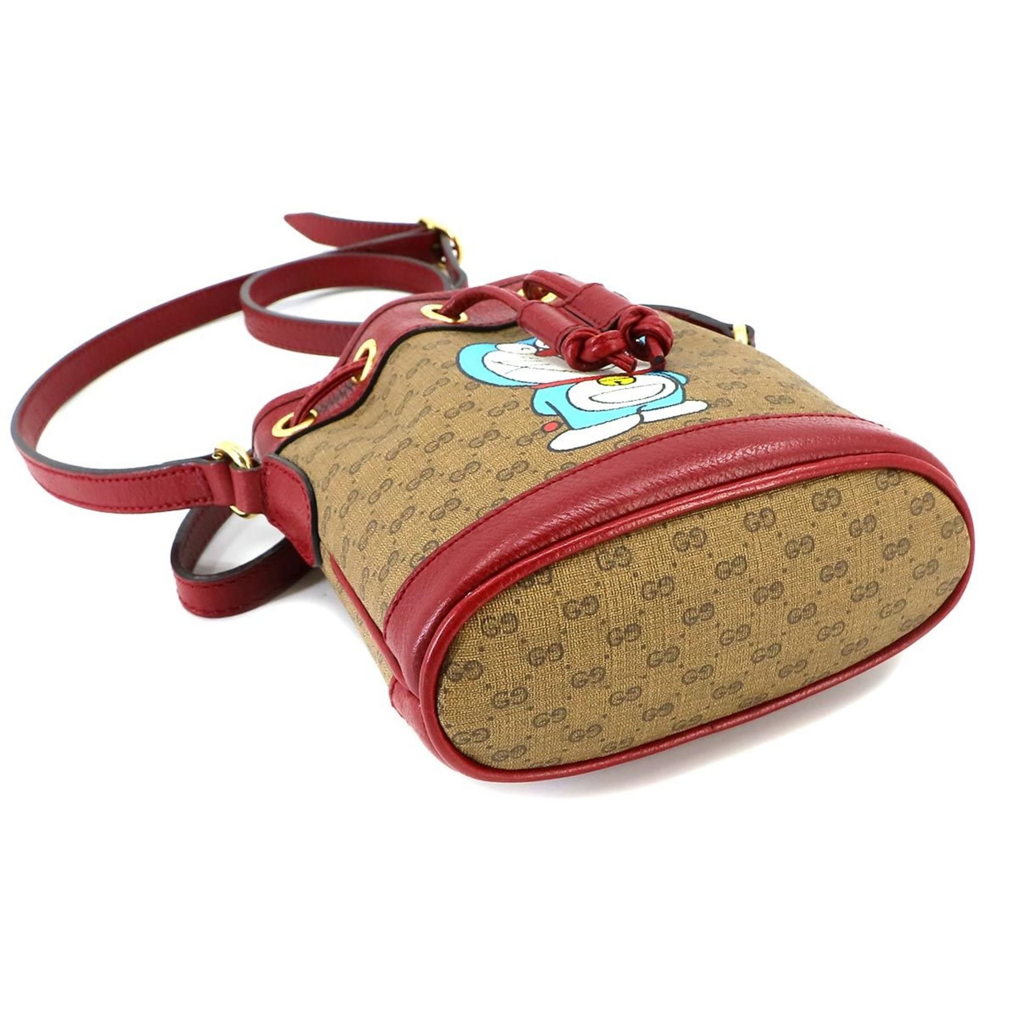 GUCCI Doraemon Mini GG Supreme Bucket Bag Shoulder Brown Red 647801