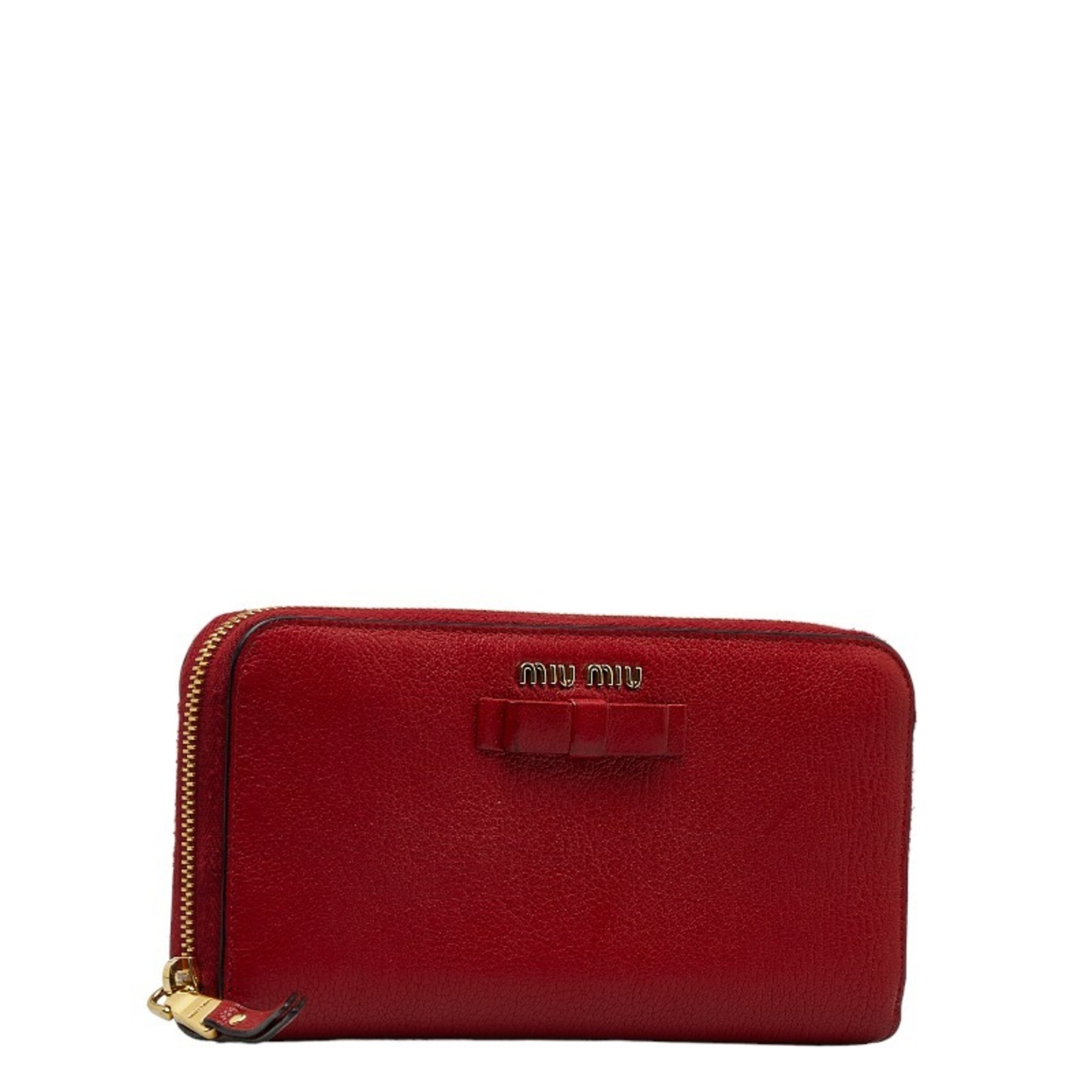 Miu Miu Miu Ribbon Round Long Wallet 5ML506 Red Leather Ladies