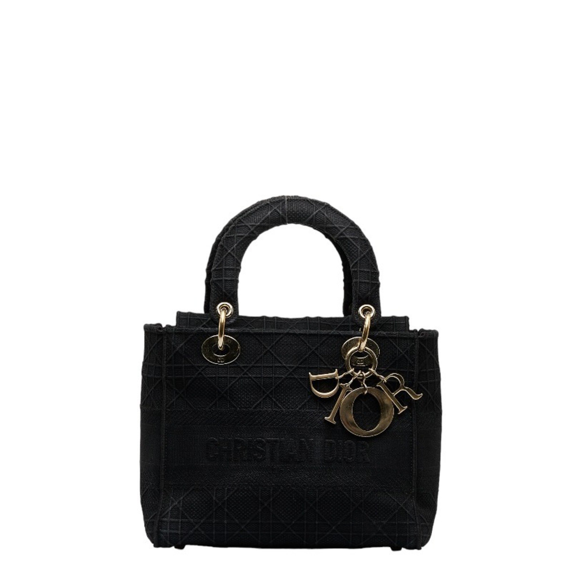 Christian Dior Dior Lady Delight Cannage Handbag Shoulder Bag Black Canvas Embroidery Ladies