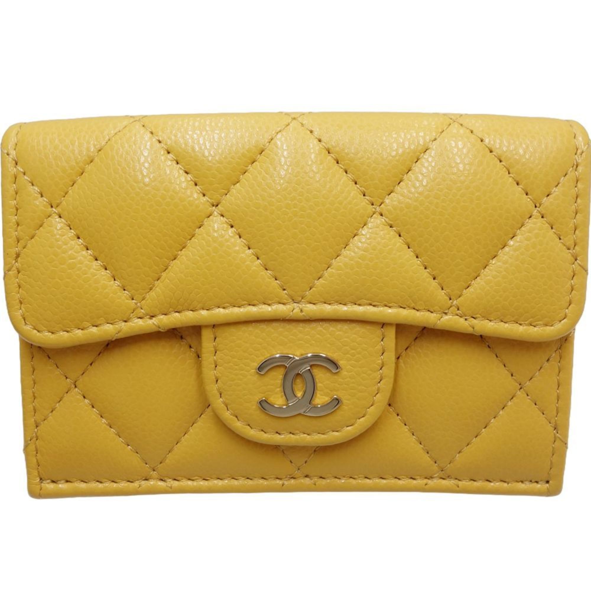 CHANEL Classic Small Wallet Matelasse Trifold Caviar Skin Yellow 083924