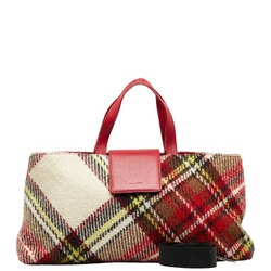 Burberry Check Handbag Shoulder Bag Beige Red Wool Leather Ladies BURBERRY